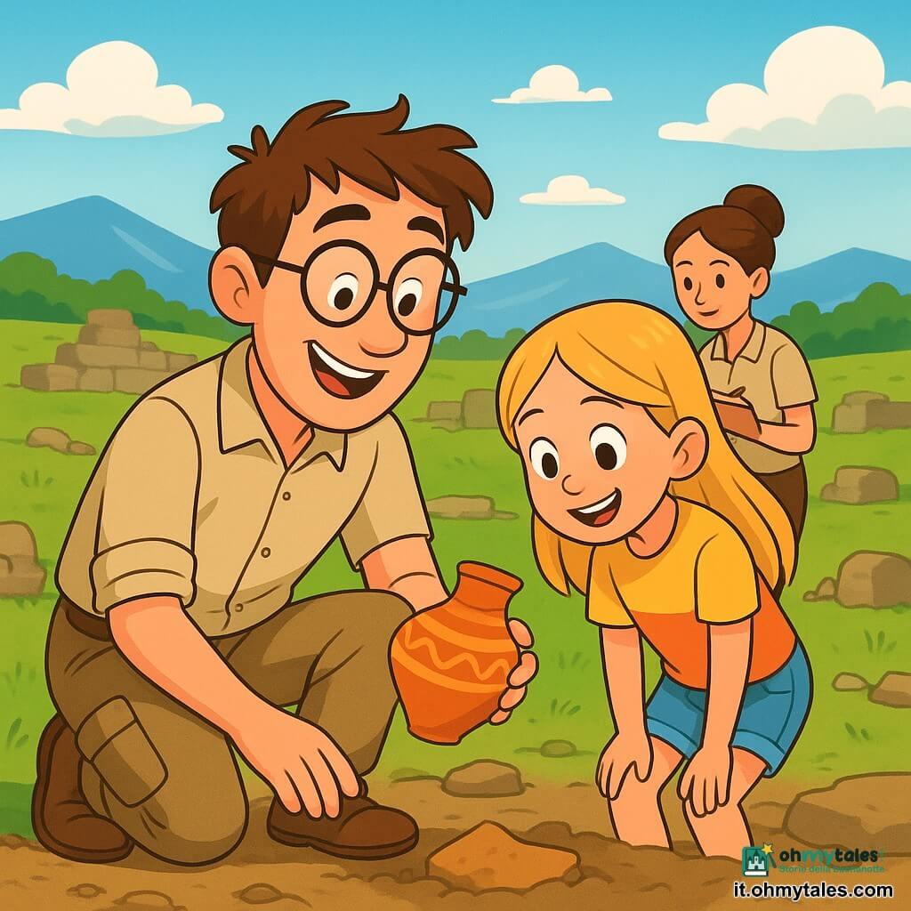 Un archeologo, Marco, con capelli castani disordinati e occhiali rotondi, sorride con meraviglia scoprendo un antico frammento di vaso nel terreno. Indossa una camicia beige e pantaloni cargo, e il suo viso esprime curiosità e gioia. Accanto a lui, una giovane ragazza, Sofia, di circa 8 anni, con lunghi capelli biondi, osserva attentamente il vaso, gli occhi brillanti di eccitazione. Indossa una maglietta colorata e un pantaloncino di jeans, inclinando leggermente in avanti per vedere meglio. Sullo sfondo, un altro membro del team, Maria, una donna di circa trent'anni con capelli castani raccolti in un chignon, prende appunti in un quaderno, concentrata sul suo lavoro. Il luogo è un vasto altopiano verde, punteggiato di pietre antiche e tracce di muri di terra, sotto un cielo blu chiaro con alcune nuvole bianche. L'erba danza dolcemente al vento, e lontane montagne si profilano all'orizzonte. La scena principale mostra Marco, meravigliato, mentre scava delicatamente il frammento di vaso, mentre Sofia, entusiasta, gli fa domande su ciò che stanno scoprendo. L'atmosfera è gioiosa e piena di scoperte, con una luce soffusa che illumina la scena.