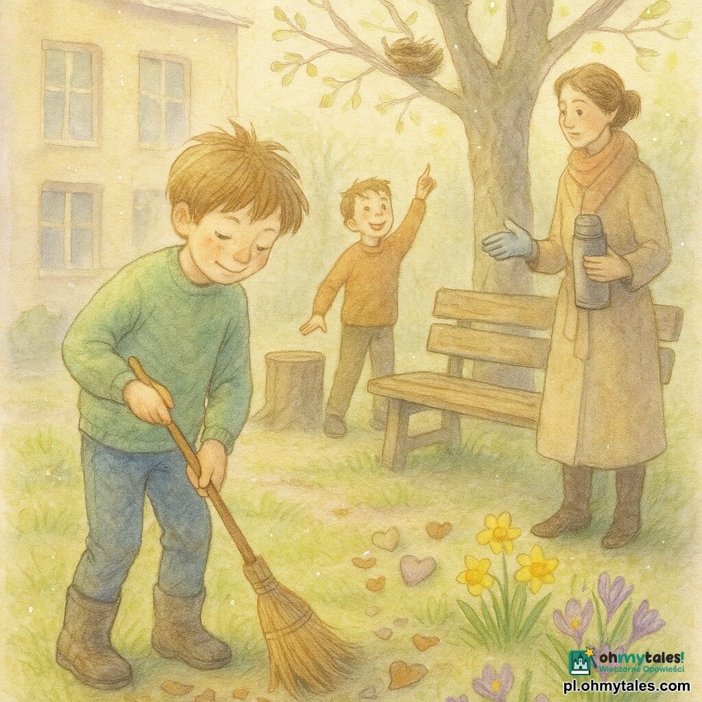 Osiemletni chłopiec, szczęśliwy i skupiony, delikatnie zamiata liście małą drewnianą miotełką; drugi ośmioletni chłopiec (Michał), uśmiechnięty i ciekawy, wskazuje gniazdo na wysokiej gałęzi stojąc przy pniu; opiekunka (ok. 30–40 lat), życzliwa i spokojna, rozdaje rękawice i trzyma termos obok drewnianej ławki; miejsce: szkolne podwórko wiosną, trawa jeszcze wilgotna, skupiska fioletowych krokusów i żółtych narcyzów, stare ławki, duży kasztan z pąkami i złote promienie słońca przebijające przez gałęzie; sytuacja: dzieci sprzątają podwórko, zbierają liście i małe skarby (piórka, kamyki w kształcie serca), łagodna, radosna atmosfera; styl wizualny: akwarela w pastelowych kolorach (delikatne zielenie, blade żółcie, lawendy), widoczna faktura papieru i cienkie białe akcenty długopisem żelowym dla refleksów.