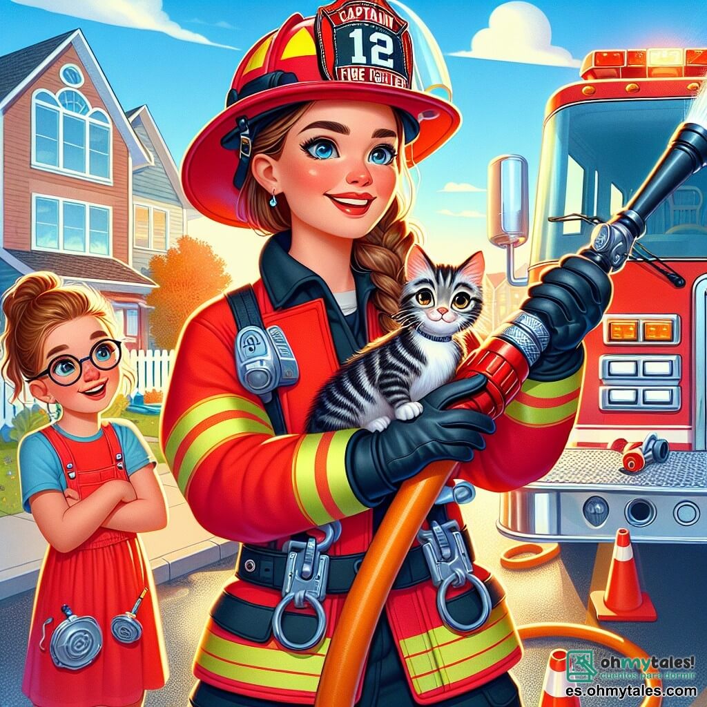La capitana Lucía, una mujer de unos treinta años, lleva un uniforme de bombero rojo brillante, con un casco reluciente y botas negras. Su rostro está iluminado por una sonrisa cálida y decidida, mientras sostiene una gran manguera de incendio, lista para mostrar a los niños cómo usarla. A su lado, Carla, una niña de 10 años con gafas redondas y una coleta alta, observa con admiración, los ojos muy abiertos, sosteniendo un pequeño gato atigrado en sus brazos. Al fondo, un camión de bomberos rojo brillante está estacionado en el patio del barrio, rodeado de conos naranjas y señales de seguridad. El cielo es azul y soleado, creando una atmósfera alegre y dinámica. La escena muestra a Lucía enseñando a los niños cómo manejar la manguera, con risas y emoción en el aire, ilustrando el espíritu de equipo y el coraje.