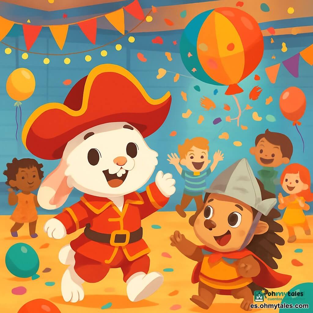 Un conejito alegre llamado Pepo, con un suave y esponjoso pelaje blanco, lleva un disfraz de pirata rojo brillante con un gran sombrero y una sonrisa radiante en su rostro. Baila con entusiasmo en medio de un carnaval. A su lado, un tímido erizo llamado Tito, con pelaje marrón y ojos brillantes, lleva un disfraz de caballero con una pequeña capa y un casco de papel, mostrando una expresión de alegría y sorpresa. El decorado es un gimnasio transformado en un mundo de ensueño, lleno de banderines coloridos, luces centelleantes y globos flotantes, creando una atmósfera festiva y mágica. En el centro de la escena, niños y animales ríen y bailan, mientras un gran globo multicolor se eleva en el cielo, liberando confeti y caramelos que caen como una dulce lluvia de colores.