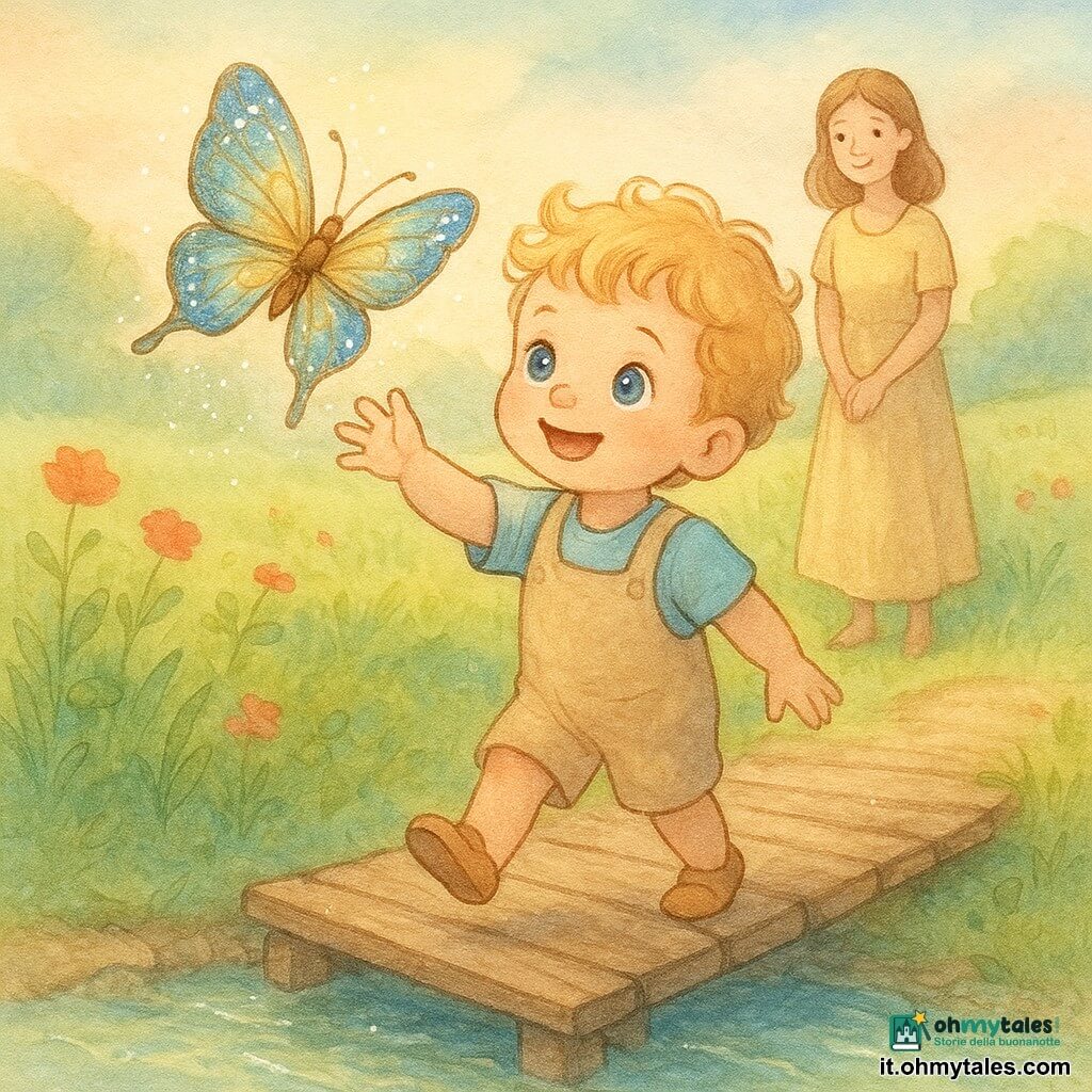 Un bimbo di 2 anni, biondo con riccioli e occhi azzurri, sorride mentre tende la mano verso una grande farfalla iridescente blu e oro sopra un ponte di assi consumate; polvere di brillantini segue il volo. La madre, in abito leggero, lo osserva con sguardo tenero dall'altra sponda a pochi metri, pronta ad accoglierlo. Intorno una prateria di trifoglio, fiori rossi ed erbe alte, un ruscello scintillante sotto il ponte e un cielo pastello mosso da una brezza; atmosfera di dolce avventura, colori caldi, gocce luccicanti e ombre leggere sotto le tavole.