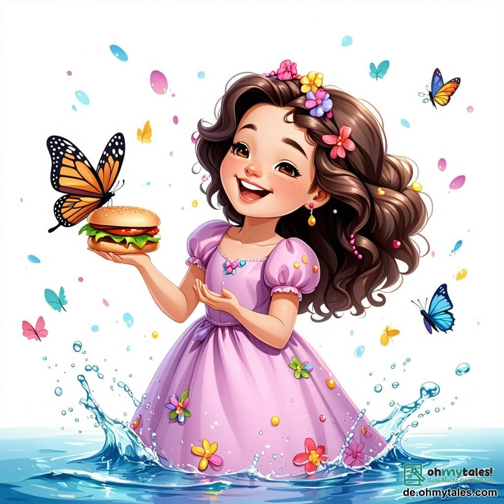 Die Prinzessin Lila, ein etwa 10-jähriges Mädchen mit langen lockigen Haaren und einem rosa Kleid, das mit bunten Blumen geschmückt ist, lächelt fröhlich, während sie ein Sandwich hält, das ins Wasser fällt. Ihr Gesicht zeigt eine Mischung aus Überraschung und Lachen, ihre Augen funkeln vor Schalk. Neben ihr fliegt Pipo, ein bunter Schmetterling mit leuchtenden Flügeln, um sie herum, während Hopsi, ein kleiner weißer Hase mit großen Ohren, auf dem Gras sitzt und laut lacht, seine Vorderpfoten in die Luft gehoben, als würde er einen Witz erzählen. Die Szene spielt an einem wunderschönen See, umgeben von leuchtenden Blumen und großen Bäumen mit üppigem grünem Laub. Der Himmel ist strahlend blau mit ein paar flauschigen weißen Wolken, und die Sonne scheint, wodurch funkelnde Reflexionen auf dem Wasser entstehen. Die Hauptsituation zeigt Lila, Pipo und Hopsi, die gemeinsam lachen, nachdem Lila ihr Sandwich in den See fallen ließ, und verkörpert den fröhlichen und amüsanten Geist ihres Abenteuers im verwunschenen Königreich.