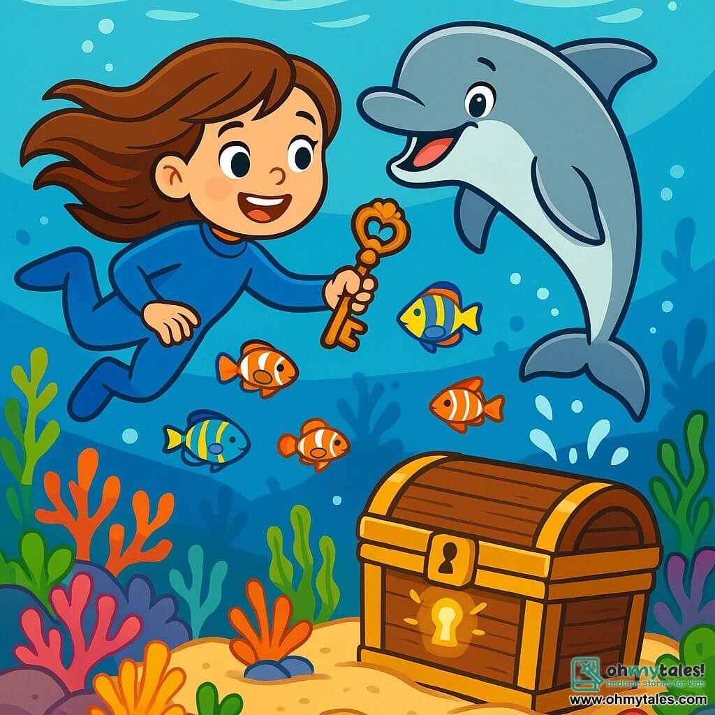 An 8-year-old girl named Lily, with long brown hair floating in the water, wears a blue wetsuit and has a big amazed smile on her face. She swims joyfully, holding an old key adorned with seashells in her hand. Next to her, a large friendly dolphin with sparkling eyes and smooth silver skin accompanies her, gracefully jumping out of the water as if encouraging her on her adventure. The background of the image shows a beautiful garden of colorful corals, with multicolored fish swimming around, and a large wooden treasure chest partially buried in the sand, shimmering under the sunlight. The main scene depicts Lily discovering the treasure chest, with a look of wonder on her face as she prepares to use the key to open it, surrounded by the vibrant beauty of the ocean.