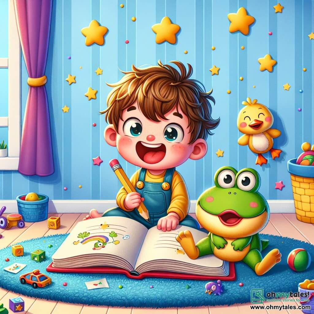 A 2-year-old boy named Max, with messy brown hair and sparkling mischievous eyes, is sitting on a fluffy blue rug. He is joyfully smiling while holding a large open book in front of him, with a red crayon in his hand. Next to him, a small green frog with round, shiny eyes jumps on the book playfully. A soft, fluffy yellow duck stands beside Max, curiously looking at the book with its little webbed feet on the rug. 

The scene takes place in a cozy children's room with light blue walls, golden stars stuck on them, and colorful toys scattered around. In the center, Max, the frog, and the duck are surrounded by fluffy cushions and smiling stuffed animals. 

The main situation shows Max laughing heartily as the frog and the duck playfully jump and dance around him, turning his task into a joyful adventure full of laughter.