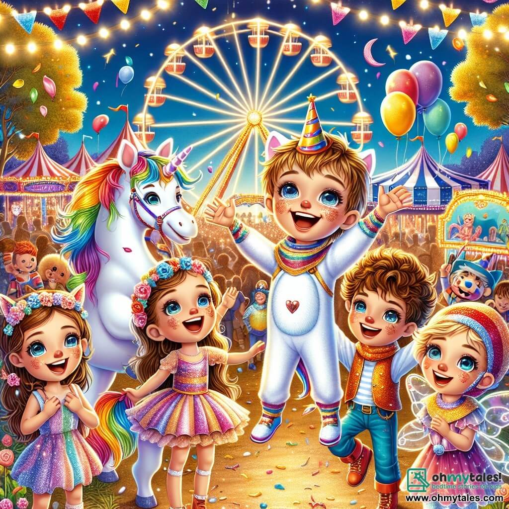 Max, a five-year-old boy with sparkling blue eyes and a big smile, is wearing a colorful unicorn costume with shiny wings and a golden horn. He is in the center of the image, joyfully raising his arms. To his right, Leo, a curly-haired boy, is dressed as a knight with a cardboard shield and a proud smile. On the left, Mia, a girl with long, shiny hair, is wearing a sparkling fairy dress, arms raised as if flying. Finally, Sam, a boy with a red clown nose and colorful clothes, is making a funny face behind Max. The backdrop is a vibrant park filled with brightly patterned carnival tents, floating balloons, and string lights. In the background, a sparkling Ferris wheel slowly turns, adding a magical touch to the festive atmosphere. The four friends are dancing joyfully together, surrounded by laughter and music, celebrating their carnival adventure with confetti flying in the air and stars beginning to twinkle in the evening sky.