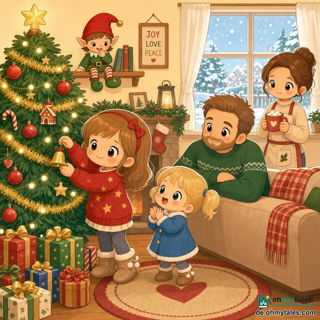 Mia, 6 Jahre, rundes Gesicht und gerötete Wangen, strahlende Augen, lächelnd, roter Pullover mit Sternen und Wollstiefeln, hängt vorsichtig die letzte goldene Glöckchen ans geschmückte Weihnachtsbaum; kleine Schwester ~3 Jahre, blonde Zöpfe, blauer Mantel, klatscht fröhlich und schaut zu Mia; Vater ~35, leichter Bart, grüner Pullover, hockt hinter dem Sofa und sieht liebevoll zu; Mutter ~33, gebundene braune Haare, Schürze, hält eine Tasse heiße Schokolade am schneebedeckten Fenster; frecher Elf mit spitzem rotem Hut und grünen Schuhanstiegen lacht auf einem Regal über dem Baum; gemütliches Wohnzimmer mit goldenen Girlanden, roten Kugeln, bunten Geschenken am Fuß des Baums, verschneitem Garten draußen; warme Rot-, Grün- und Goldtöne mit Pastellakzenten, weiches Licht, kawaii-minimales Styling.