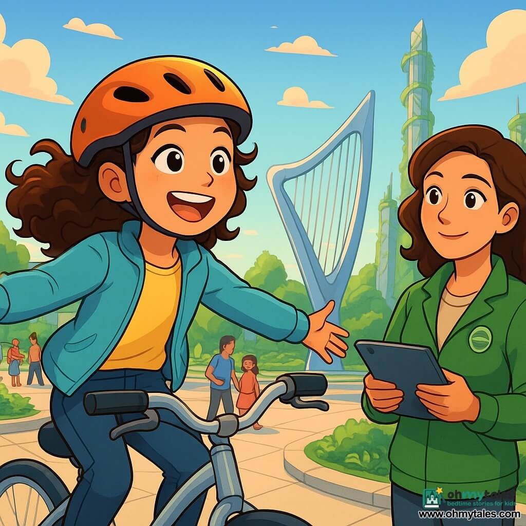 A 10-year-old girl, Mira, with curly brown hair, is wearing a light jacket and a bike helmet. She has a big excited smile and sparkling curious eyes. She is gliding on her air-bike with her arms open, as the wind dances through her hair. Next to her, Lian, a woman in her thirties wearing a green jacket and a city badge, watches Mira with an admiring look, holding a tablet in her hands, ready to assist her. The setting is Piazza del Vento, a large futuristic square with silver metal harps singing in the wind, surrounded by lush gardens and tall towers covered in green vines. The sky is a bright blue, dotted with soft, fluffy clouds. The main scene shows Mira and Lian preparing for the Evening Stroll, with families starting to arrive, enchanted by the music of the harps and the soft lights illuminating around them.