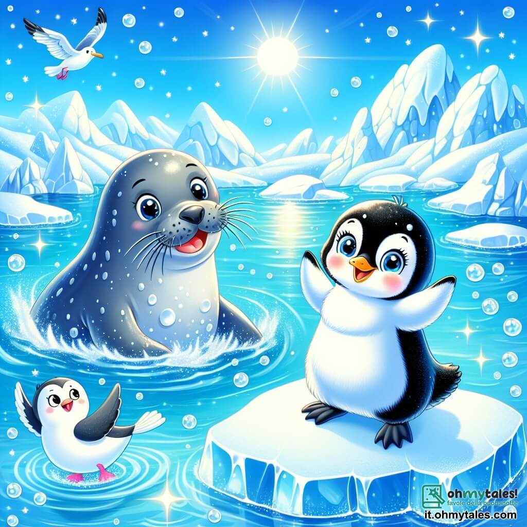 Un piccolo pinguino, con un piumaggio nero e bianco brillante, occhi rotondi e curiosi, si trova felice su un pezzo di ghiaccio, con un grande sorriso sul volto. Sta saltando entusiasta, con le piccole ali spiegate, pronto a tuffarsi in acqua. Vicino a lui, una foca grigia, con un pelo lucente e occhi maliziosi, nuota gioiosamente nell'acqua cristallina, spruzzando gocce intorno. Sembra molto felice, con un grande sorriso. Un gabbiano bianco e grigio, posato su una roccia, osserva la scena con un'espressione amichevole, le ali leggermente spiegate, pronto a volare. Il paesaggio è incantevole, con iceberg scintillanti sotto un cielo blu, il sole che brilla creando riflessi sull'acqua, mentre fiocchi di neve cadono dolcemente, aggiungendo un tocco magico. La scena principale mostra il piccolo pinguino pronto a tuffarsi in acqua per giocare con i suoi nuovi amici, celebrando così la loro amicizia e la bellezza della diversità in un mondo colorato e gioioso.