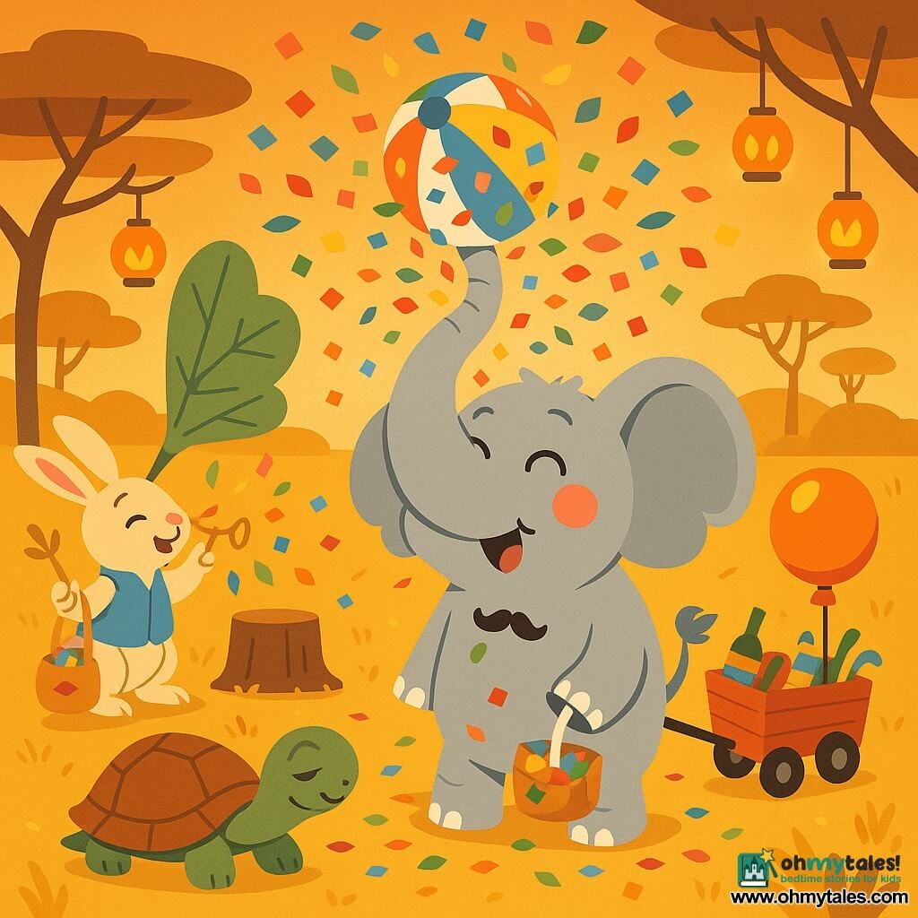 A large light-gray elephant, joyful and slightly embarrassed, with big shiny round eyes, pink cheeks, a raised trunk and a small moustache stuck to his ear, wearing a striped beach ball on his forehead and holding a small wagon of props; behind him to the left a lively little beige rabbit decorator named Lila in a blue vest holds a golden pin and a bag of colorful leafetti while blowing into a large leaf-fan; in the right foreground a sleepy turtle with a smooth brown shell wears the ball on its back like a hat, looking half-amused, half-serene; background shows a savanna clearing at dusk with golden grass, a few short stylized trees, warm orange-glowing lantern-bugs and a small wooden podium at center; main scene: a joyful burst of colorful leafetti squares spiraling around the elephant as he sneezes, plant confetti drifting onto the crowd, festive atmosphere, bright contrasting colors, clear readable composition with simple silhouettes and crisp outlines.