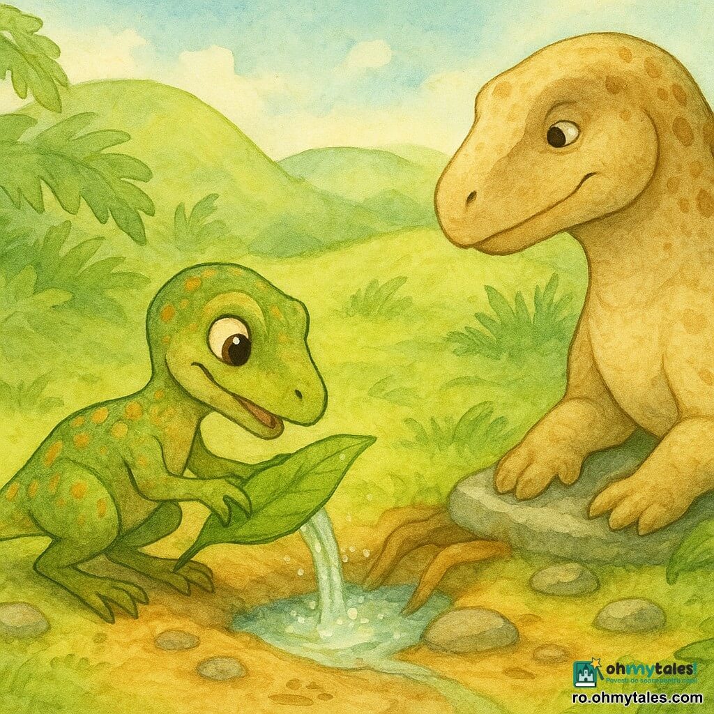 Un mic velociraptor pe nume Ripi, vioi și șmecher, cu ochi mari și piele verde-ocre, coadă cu pene, este aplecat sculptând un mic canal cu o mare frunză verde, arătând o expresie concentrată și veselă; în dreapta, un iguanodon mare și robust numit Brum, cu piele bej pătată, privește calm și binevoitor, având o labă sprijinită pe o piatră plată pentru a stabiliza marginea canalului; în jur, o vale cu coline rotunde acoperite de iarbă smarald, ferigi uriașe și pietre lucioase în semicerc; în centru izvorul timid iese între două rădăcini, apa limpede formând un mini-bazin strălucitor; săgeți din frunze și urme mici de lăbuțe arată drumul de la albia râului uscat până la izvor; atmosfera e blândă și luminoasă, culori pastelate, texturi umede de acuarelă.