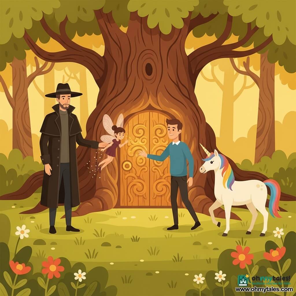 A man named William, about 35, soft features and short brown hair, reaches his right hand toward a golden glow emerging from an ornate wooden door; a mysterious taller man around 45 in a long coat and wide‑brimmed hat stands slightly behind to William's left with a hand on the door handle; a small feminine fairy with pink translucent wings hovers near the glow leaving sparkles and a mischievous smile; a cream‑white unicorn with a rainbow mane stands to the right in the grass with ears pricked and a peaceful expression; the setting is a sunlit clearing with green grass, saturated wildflowers, stylized layered leaves on twisted trunks, and the carved wooden door set between the roots of an ancient oak; the central moment is magical as the warm golden light envelops William's hand, conveying calm and hope with vivid colors and strong contrasts.
