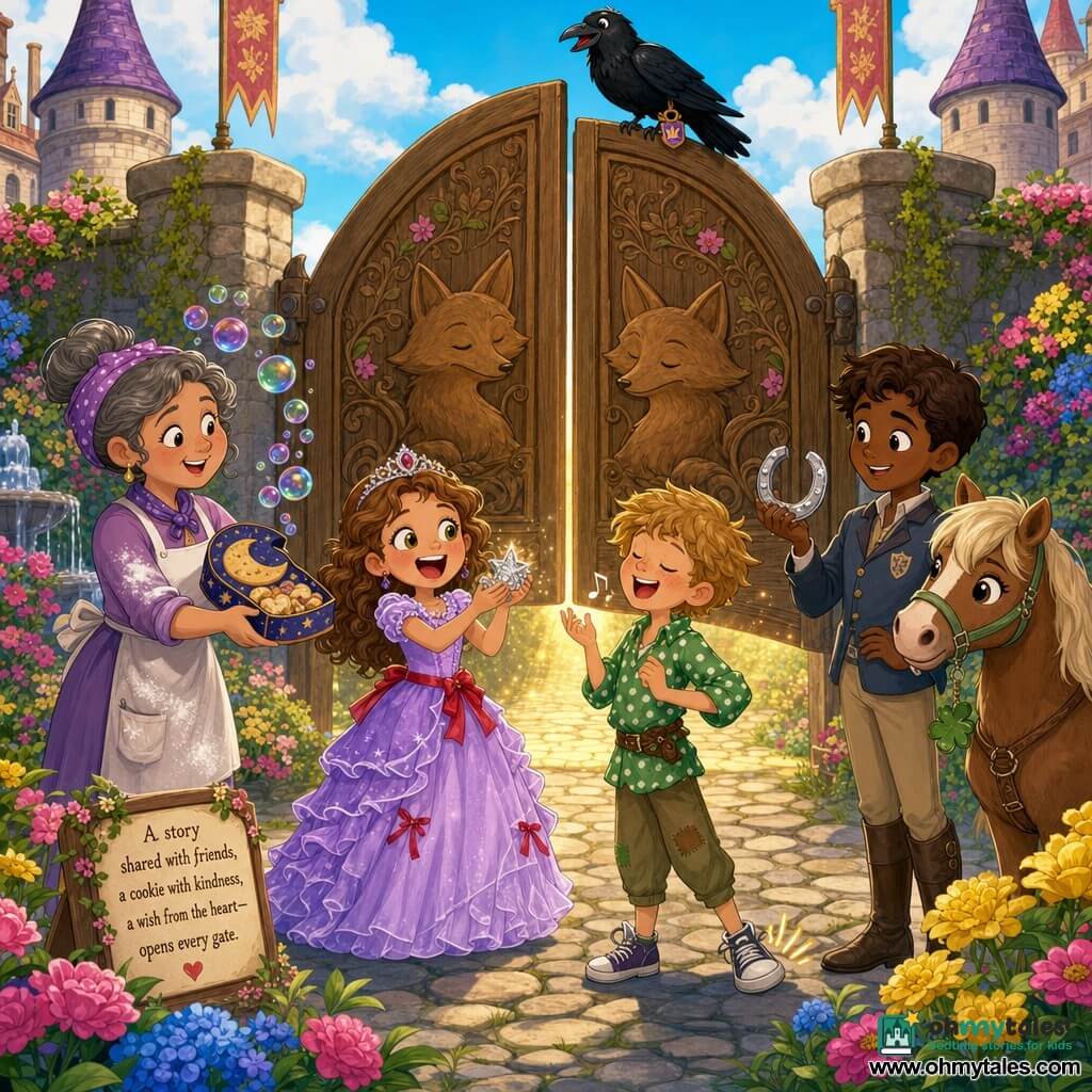 Princess Lila, a smiling round-faced girl with mischievous hazel eyes, in a lilac ruffled dress with red ribbons, laughs while holding a small silver sparkling wish; Pip, about 10, with messy honey hair and a green polka-dot shirt, stands beside her singing with squeaky shoes and a bouncy posture; Mrs. Tansy, a 40-year-old baker with gray hair in a bun and a flour-dusted apron, offers a moon-shaped cookie from slightly behind on the left; Tim, about 12, brown-haired in a stable jacket, holds a silver horseshoe near a small horse named Clover at the right; Crispin, a glossy black crow with a little button on his leg, perches on a half-open carved oak gate. The scene is a castle courtyard with colorful round cobbles, bright flower beds (pink, yellow, blue), a fountain blowing small colorful bubbles, and a half-open oak gate carved with fox motifs. Main action: the princess and friends awaken the sleepy gate by telling a story and giving it a cookie, and it lifts just enough to let a golden beam through; mood joyful and bright, saturated colors, soft textures, rounded lines. Visual style: 2D cartoon, clean lines, vivid pastel palette, soft shading, very readable expressions, composition centered on the princess and the gate.