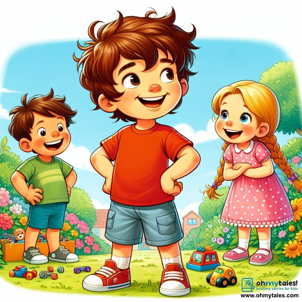 A 4-year-old boy named Max, with messy brown hair and a big smile, stands in the center of the image. He wears a red t-shirt and blue shorts, hands on his hips, displaying an expression of hesitation and lightness. To his right, Lily, a 4-year-old girl with braided blonde hair, looks at Max with an encouraging smile, wearing a pink dress with white polka dots. To his left, Ben, a 5-year-old boy with brown hair and glasses, is laughing, dressed in a green t-shirt and yellow shorts. The scene takes place in a sunny garden filled with colorful flowers and green trees, with a clear blue sky in the background. On the ground, scattered toys, including a small toy car, symbolize Max's secret. In this main situation, Max hesitates to admit he broke his car, while his friends encourage him to tell the truth, creating an atmosphere of camaraderie and honesty.