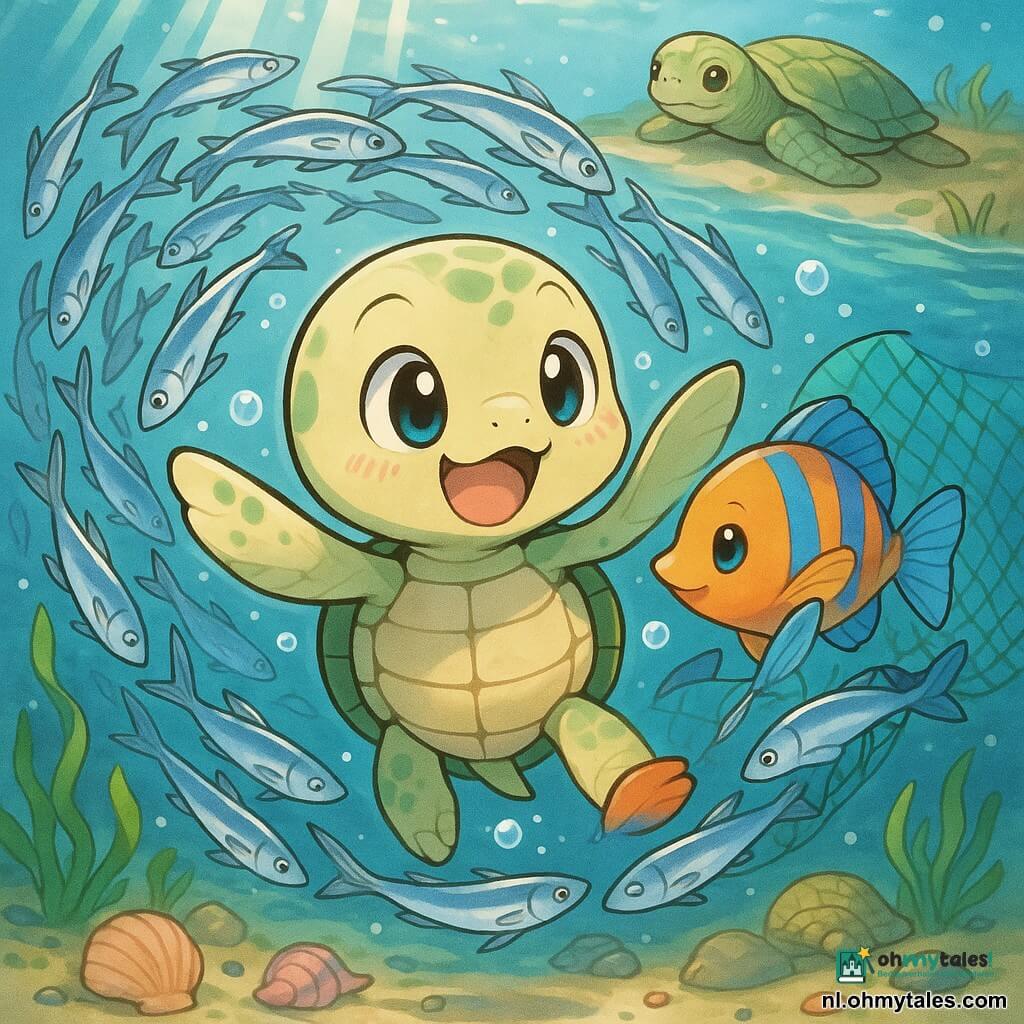 Een kleine zeeschildpad (hoofdpersonage) met rond gezicht en grote glanzende ogen, blije verwonderde uitdrukking, beige-groene schelp met zachte patronen, zwemt draaiend met zijn flippers alsof hij danst midden in een school zilveren sardines; die sardines (bijpersonages) met metalen glans en blauwe reflecties vormen een lichtende draaikolk rondom de schildpad en lijken te glimlachen terwijl ze dansen; een klein visje bevrijd uit een net (bijpersonage) met oranje-blauw gekleurd lichaam en dankbare blik zwemt vlak naast de schildpad en raakt hem licht met zijn vin; op de achtergrond een rustige moeder-schildpad op een ondiepe zandbank, zachte attente silhouet die de scène van de waterkant bekijkt; locatie: helder zeebodem met turquoise water, zonnestralen in heldere banen, wiegende groene algen, schelpen en gekleurde steentjes in het zand; hoofdgebeurtenis: de kleine schildpad danst vreugdevol in het centrum van een sardinesdraaikolk, omringd door bellen en licht, een warm en verwonderend moment onder de zee