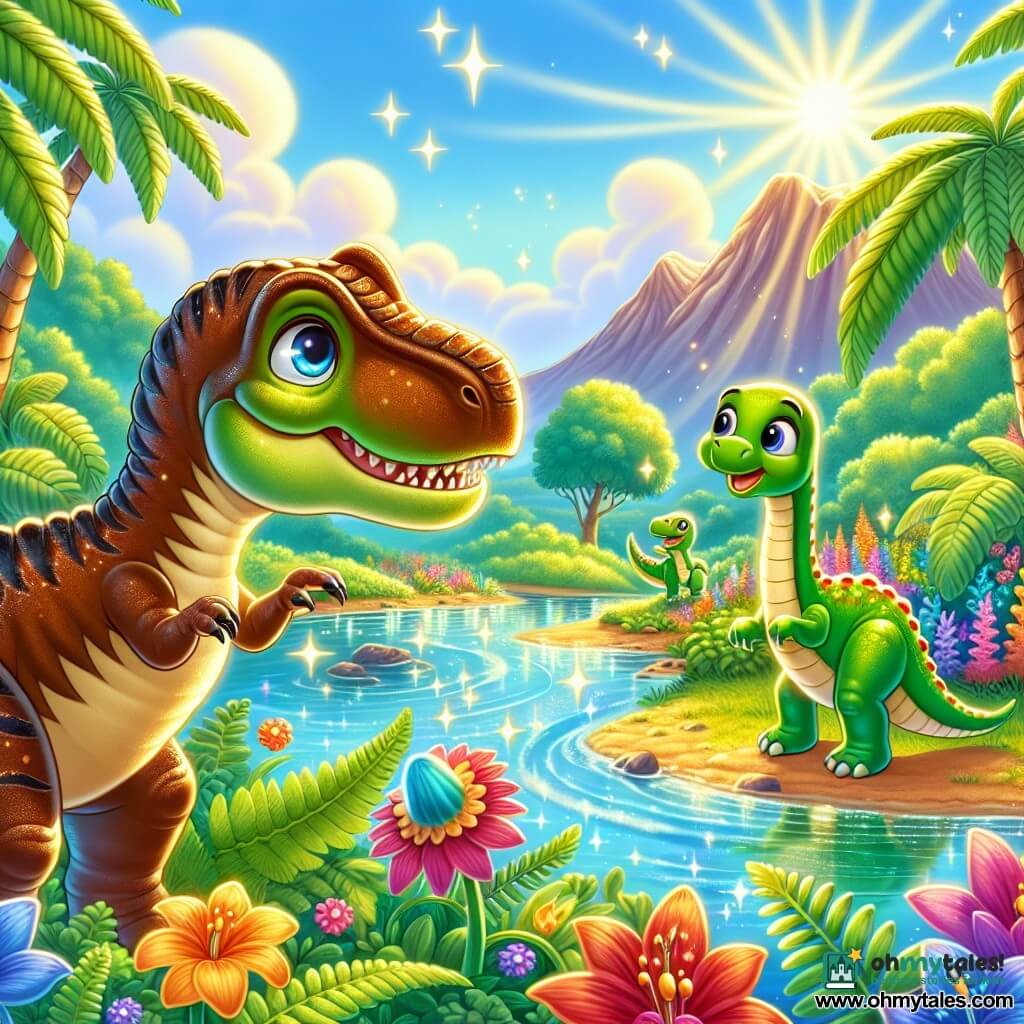 A young Tyrannosaurus Rex, with shiny bronze scales and sparkling curious eyes, stands by a shimmering river. It has a look of wonder, its large head leaning forward as if listening to a magical melody. Next to it, Dippy, a cheerful diplodocus with a long neck and green skin, leans down to look into the water, his face beaming with excitement. The setting is a lush valley filled with giant ferns and colorful flowers blooming under the golden sun. In the background, majestic mountains rise, their peaks covered with fluffy clouds. The main scene shows the Tyrannosaurus and Dippy, intrigued by a mysterious melody floating in the air, ready to embark on an adventure to discover the source of the enchanting song.