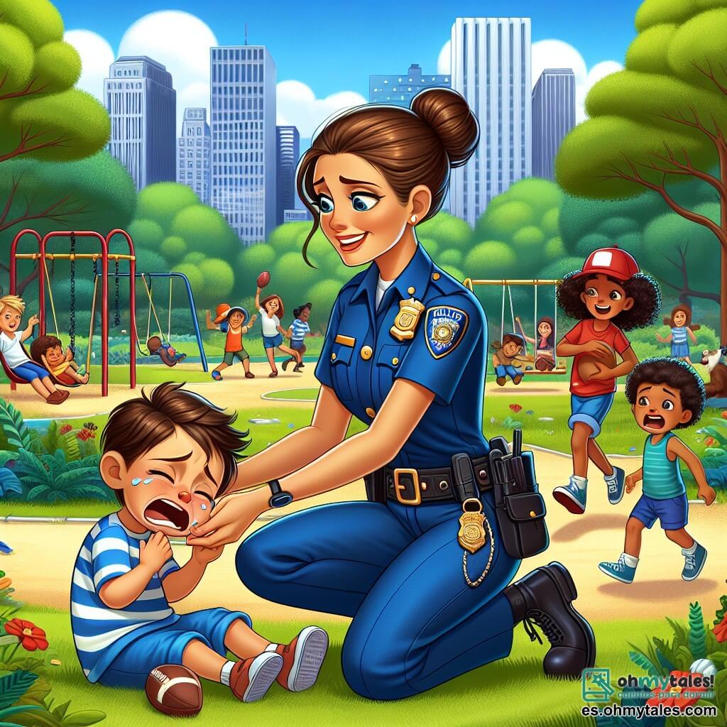 La escena representa a la policía Carla, una mujer de unos treinta años, con cabello castaño recogido en un moño y una sonrisa cálida. Lleva un uniforme azul brillante, con un cinturón de herramientas y una insignia brillante. Carla está agachada, atendiendo a un niño pequeño que llora, con una expresión de compasión y determinación en su rostro. A su lado está Miguel, un niño de 8 años, con una gorra roja y una camiseta a rayas, que observa la escena con admiración, con los ojos muy abiertos, sosteniendo un balón de fútbol bajo el brazo. Más lejos, Sofía, una niña de 7 años con cabello rizado y una sonrisa radiante, aplaude mirando a Carla, llena de entusiasmo. La escena tiene lugar en un parque central soleado, con árboles verdes, niños jugando en columpios y un perro haciendo trucos en la hierba. Flores coloridas bordean el camino, y un cielo azul claro añade un toque de alegría a la atmósfera. La situación principal muestra a Carla ayudando al niño que se ha caído de su bicicleta, mientras explica la importancia de la seguridad y la ayuda mutua a los niños que la rodean.