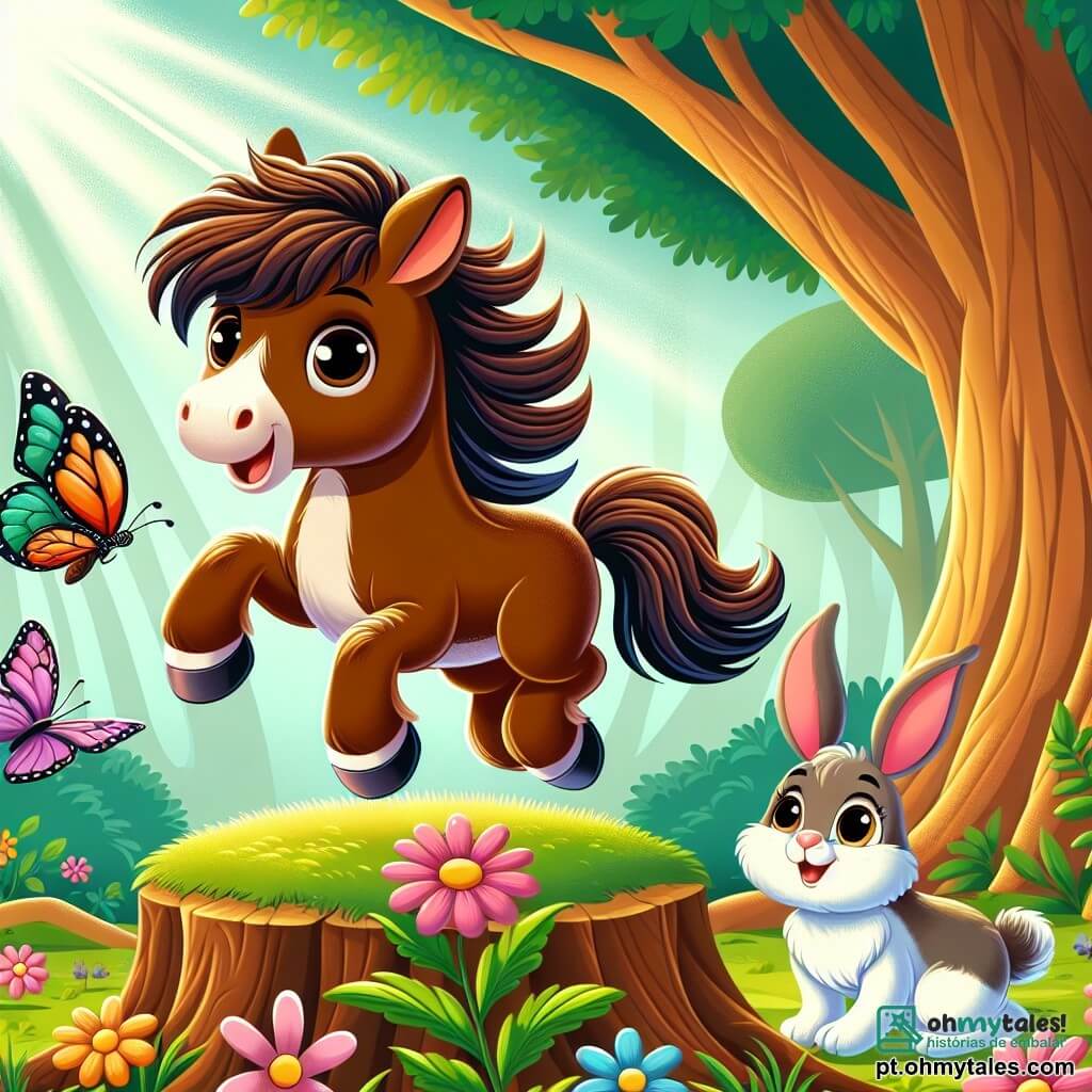 Um cavalo chamado Pingo, com pelagem marrom brilhante e uma crina ondulante, está no centro da cena, exibindo uma expressão de curiosidade e determinação. Ele salta alegremente sobre uma pequena flor colorida. Ao seu lado, uma delicada borboleta de asas multicoloridas voa ao seu redor, com um sorriso amigável, pronta para ajudá-lo em sua aventura. Um coelho de grandes orelhas e pelagem branca, sentado na grama verde, observa Pingo com admiração, seus olhos brilhando de esperança. A cena acontece em uma floresta encantada, onde majestosos árvores com troncos grossos se erguem em direção ao céu, e raios de sol filtram através da folhagem, iluminando o solo coberto de flores silvestres. Pingo e seus amigos descobrem um coelho perdido e juntos se preparam para partir em busca do caminho de volta para casa, cheios de entusiasmo e amizade.
