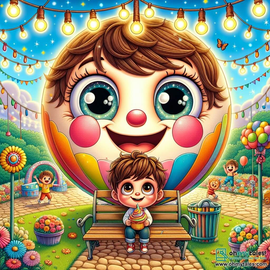Timmy, a young boy with messy brown hair and sparkling curious eyes, is sitting on a bench in a park lit by twinkling fairy lights. He has a big smile, his cheeks rosy with excitement, holding a huge colorful cupcake in his hands. Next to him, Bouncy, a giant smiley balloon with bright colors and joyful eyes, floats happily in the air, its facial expressions showing immense joy. The park is filled with colorful flowers and festive decorations, with Timmy's friends dancing and laughing around them, creating a joyful and lively party atmosphere. The main scene shows Timmy and Bouncy celebrating a surprise party, surrounded by friends, all laughing and having fun under a starry sky, illustrating a moment of pure happiness and friendship.