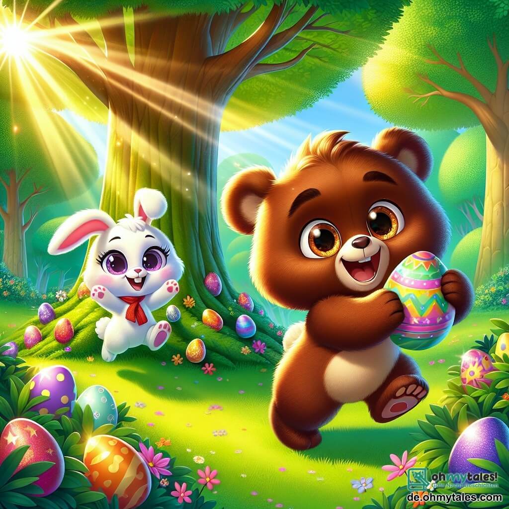 Bruno, ein kleiner brauner Bär mit funkelnden Augen und fröhlichem Lächeln, versteckt bunte Eier hinter einem großen Baum in einem sonnigen Wald. Er trägt ein rotes Halstuch und scheint sehr aufgeregt, mit erhobenen Pfoten, bereit, das letzte Ei zu verstecken. Neben ihm ist Lila, ein niedlicher weißer Hase mit großen Ohren und einer rosa Nase, der vor Freude hüpft und ein dekoriertes Ei in seinen Pfoten hält. Der Ort ist ein grüner Wald mit majestätischen Bäumen und bunten Blumen, die im leichten Wind tanzen. Die Sonne strahlt durch die Äste und schafft eine magische, fröhliche Atmosphäre. Bruno und Lila bereiten sich auf eine große Ostereiersuche vor, umgeben von vielen leuchtenden, bunten Eiern, die darauf warten, von ihren Freunden entdeckt zu werden.