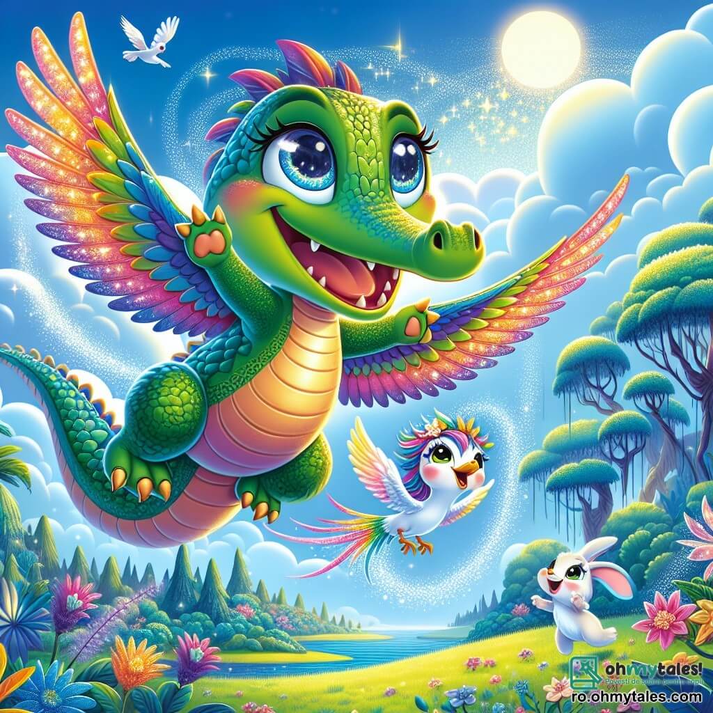 Un crocodil pe nume Cici, cu o piele verde strălucitoare și ochi plini de curiozitate, zboară pe cerul albastru, cu aripile sale magice desfăcute cu entuziasm. Zâmbește larg, plin de bucurie și uimire, în timp ce survolează un peisaj fermecător. Lângă el, o mică porumbiță colorată pe nume Lili, cu pene în nuanțe vii de roz și galben, zboară vesel, bătând din aripi repede, încurajându-l pe Cici cu o privire prietenoasă. Jos, un iepuraș pe nume Răzvan, cu blană albă și urechi lungi, stă pe o colină verde, observându-și cei doi prieteni cu admirație, cu un zâmbet larg pe față. Decorul este o insulă magică, presărată cu flori strălucitoare, copaci mari cu frunze luxuriante și un cer însorit, creând o atmosferă de vis și aventură. Scena îl arată pe Cici în zbor, descoperind frumusețea lumii din jur, în timp ce Lili și Răzvan sărbătoresc aventura sa incredibilă.