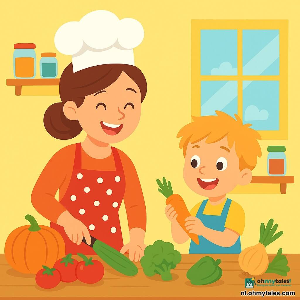 Chef Mila is een vrolijke vrouw met lange, bruine haren in een knot en een grote stralende glimlach. Ze draagt een rood schort met witte stippen en een witte chefsmuts, terwijl ze voor een grote houten werkbank staat, omringd door kleurrijke groenten. Naast haar staat haar kleine assistent, een 6-jarig jongetje genaamd Tom, met messy blond haar en sprankelende ogen van opwinding. Hij draagt een klein blauw schort en houdt een wortel in zijn kleine handen, klaar om Mila te helpen in de keuken. De scène speelt zich af in een lichte en uitnodigende keuken met gele muren en planken vol specerijpotten. Het zonlicht valt door een raam en verlicht de verse ingrediënten op het aanrecht. Mila en Tom kiezen samen groenten om een heerlijke soep te bereiden. Ze lachen en hebben plezier, wat een vrolijke en warme sfeer creëert, vol kleuren en goede moed.