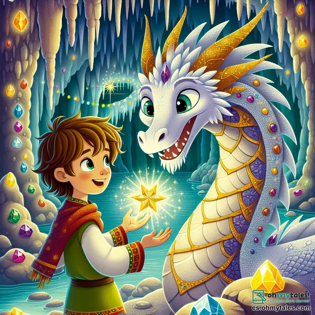 Un majestuoso dragón de escamas plateadas, con grandes ojos brillantes y una expresión dulce y amigable, se encuentra en el centro de la caverna. Sus alas desplegadas brillan como estrellas, y sonríe calurosamente al joven Leo, de unos ocho años, con cabello castaño desordenado y ojos llenos de curiosidad. Leo, vestido con una túnica colorida, está frente al dragón con los brazos abiertos, listo para recibir un antiguo artefacto mágico en forma de estrella. La caverna está llena de piedras preciosas brillantes, iluminadas por una luz suave que crea reflejos coloridos en las paredes. Estalactitas cuelgan del techo, y un pequeño arroyo de agua clara serpentea por el suelo, añadiendo un toque de magia al entorno. La escena principal muestra a Leo, maravillado y feliz, recibiendo el artefacto mágico del dragón, simbolizando la amistad y la bondad en un momento de compartir y descubrir.