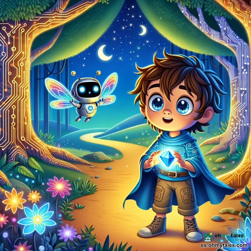 Un niño de 8 años, Darío, con el cabello castaño desordenado y ojos brillantes de curiosidad, se encuentra en el centro de la imagen. Lleva una túnica azul decorada con patrones de circuitos y pantalones de tela. Su rostro expresa asombro y emoción, mientras sostiene un cristal azul brillante en sus manos, iluminando su cara con un resplandor mágico. A su lado, Nubo, un pequeño robot con alas de mariposa, flota en el aire. Tiene un cuerpo plateado brillante y ojos redondos y amistosos, y parece animar a Darío con una sonrisa. Nubo está ligeramente adelante, señalando el camino que se abre ante ellos. El escenario es un bosque fantástico, donde los árboles son de metal brillante y sus hojas parecen circuitos impresos. Flores luminosas de colores vivos crecen entre las raíces doradas, y un cielo estrellado con tres lunas brilla sobre ellos. La situación principal muestra a Darío, asombrado, listo para elegir uno de los tres caminos que se le presentan: uno que lleva a una montaña luminosa, otro hacia un lago de bruma violeta y el último hacia una ciudad flotante. La atmósfera está llena de magia y aventura, invitando a explorar lo desconocido.