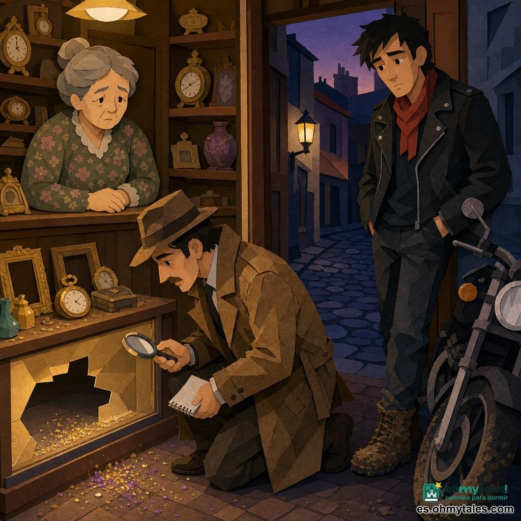 Hombre detective de unos 40 años, expresión concentrada y serena, rostro anguloso y bigote fino, gabardina marrón arrugada y fedora, arrodillado ante un escaparate vacío sosteniendo una pequeña lupa brillante y un cuaderno; doña Elvira, mujer de unos 65 años con cabello gris recogido en moño y vestido floreado, de semblante triste pero aliviado, detrás del mostrador observando al detective; Bruno, joven de unos 25 años con chaqueta de cuero negra, bufanda roja y botas embarradas, junto a una moto oscura aparcada frente al escaparate mirando con timidez y manos en los bolsillos; tienda de antigüedades estrecha y acogedora con estanterías de madera llenas de relojes, marcos y objetos, escaparate con un agujero limpio, polvo dorado y algunas trazas de purpurina en el suelo, callejón empedrado visible por la puerta trasera; el detective examina indicios (pequeñas huellas en zigzag, un hilo rojo y purpurina) junto al escaparate, ambiente crepuscular con iluminación cálida contrastando con la sombra fresca del callejón.