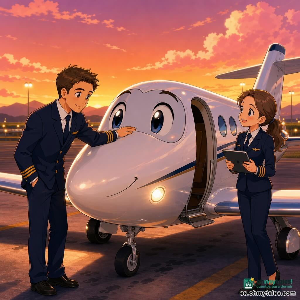 Un piloto de unos 35 años, sonriente y afable, cabello castaño corto, con uniforme azul marino y galones dorados, acaricia suavemente el morro blanco de su pequeño avión brillante posado en la pista al atardecer; una copiloto de unos 28 años, cabello castaño en coleta y uniforme a juego, está junto a la puerta con una tableta, mirándolo con admiración; avión de alas redondeadas y ventanillas circulares, luces suaves encendidas; escena en la pista al crepúsculo con cielo naranja y rosa, farolas bajas y siluetas de montañas, ambiente tierno y cálido tras el aterrizaje, estilo manga de rasgos redondeados y expresiones exageradas para enfatizar la ternura.