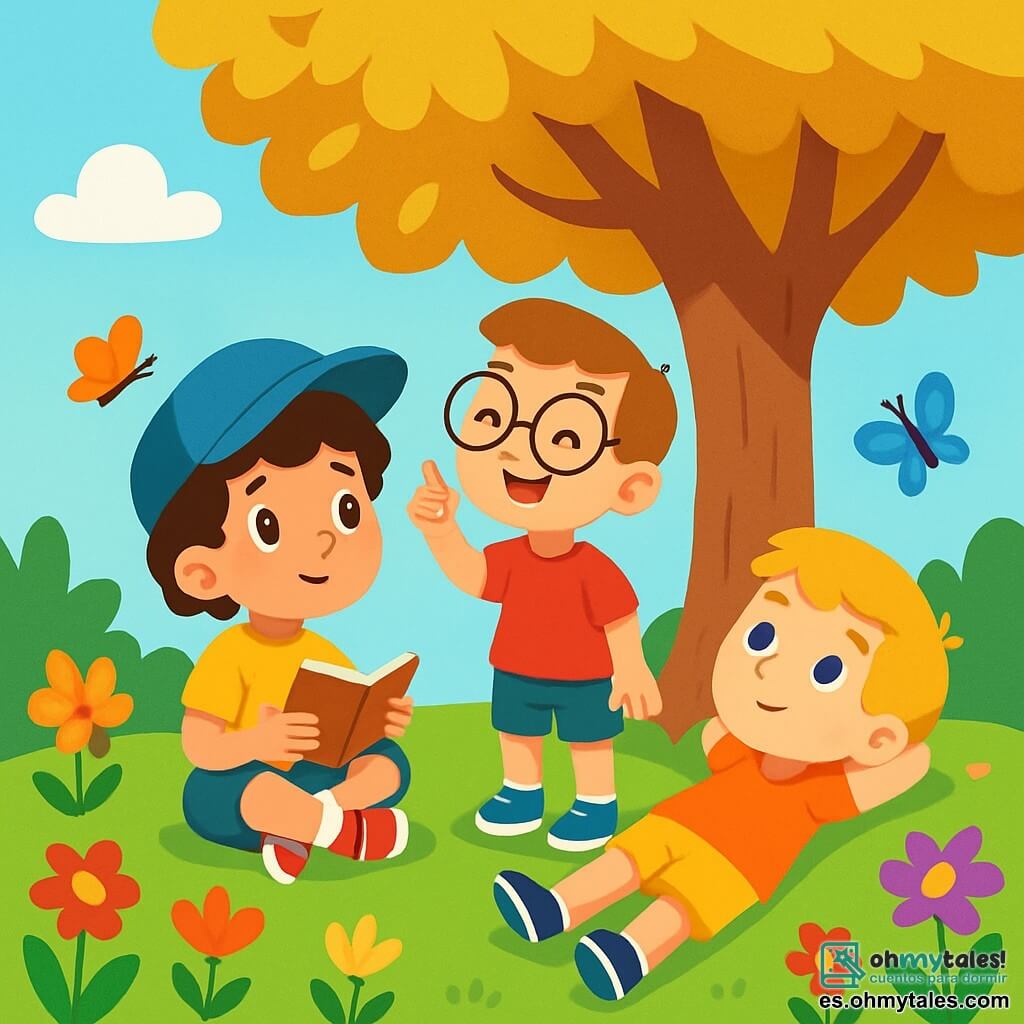 Hay 3 personajes: - Lio: un niño de 7 años, con cabello rizado y una gran gorra azul. Está sentado bajo el árbol, con los ojos brillantes de curiosidad, sosteniendo un pequeño cuaderno en sus manos. - Nico: un niño de 6 años, con gafas redondas y una camiseta roja. Está de pie junto a Lio, señalando al cielo con una gran sonrisa, como si tuviera una idea brillante. - Simón: un niño de 5 años, con cabello rubio y un pantalón corto amarillo. Está tumbado en la hierba, con los brazos detrás de la cabeza, mirando pasar las nubes con un aire soñador. El lugar es un hermoso jardín lleno de flores coloridas, con un gran árbol de hojas doradas que brillan al sol. La hierba es verde y suave, y mariposas bailan a su alrededor, añadiendo toques de color a la escena. La situación principal muestra a los tres amigos discutiendo alegremente sobre lo que hace feliz a un corazón, rodeados de la belleza de la naturaleza, mientras el viento susurra secretos entre las ramas del árbol.