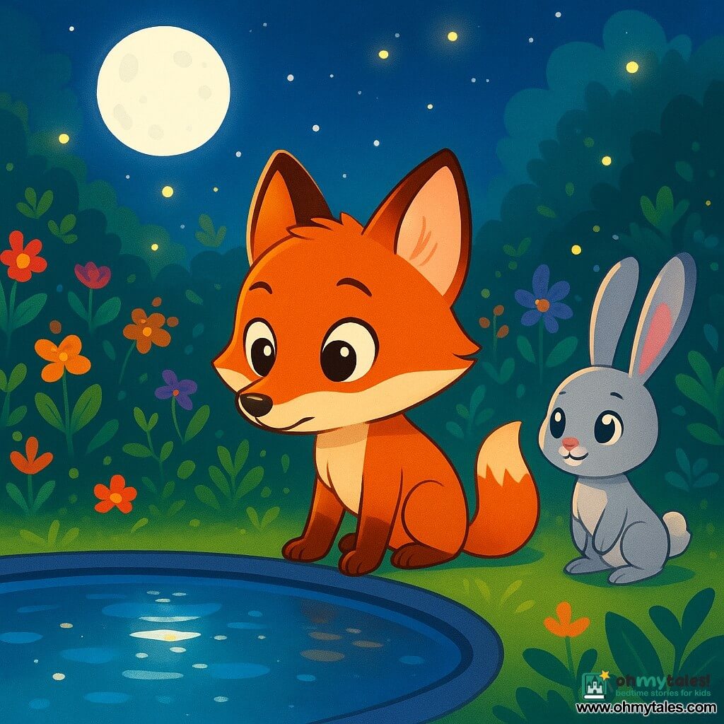A young fox named Felix, with shiny copper fur and sparkling curious eyes, stands at the edge of a shimmering pool under the moonlight. He looks determined and amazed, ready to encounter a magical spirit. Next to him, a small silver rabbit named Luna, with long ears and bright eyes, watches with a mix of excitement and anticipation, standing slightly back. In the background, an old secret garden filled with colorful flowers and lush foliage stretches around them, with twinkling lights dancing in the night air. The main scene shows Felix leaning toward the water, ready to uncover the mystery that awaits, while the magic of the night envelops everything in a fairy-tale atmosphere.