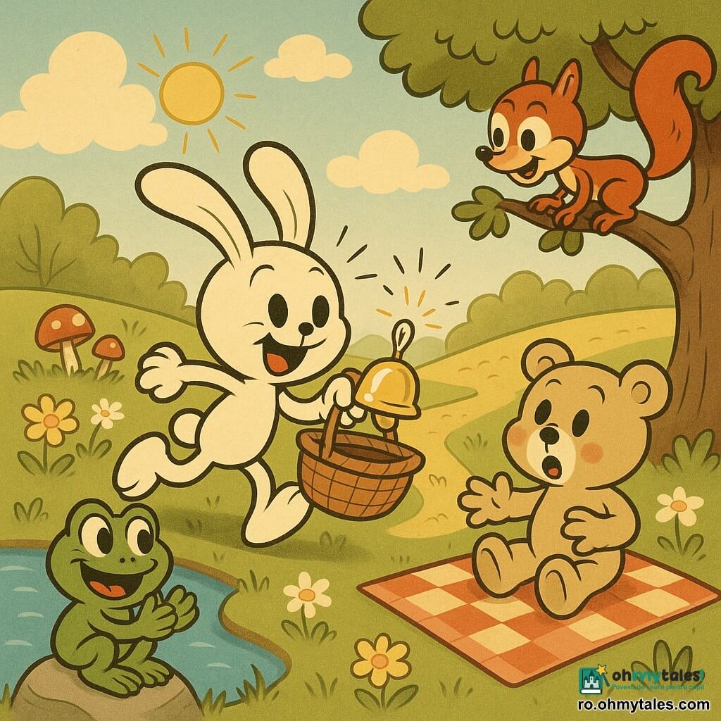 Un mic iepuraș alb (Pufi), față rotundă, ochi rotunzi, urechi lungi și moi, zâmbet vesel, ține un coș de picnic din nuiele din care iese o clopoțică strălucitoare care face „cling”, într-o poziție săltăreață; o broască verde rotundă (Broasca Țop-Țop), cu ochi ștrengari, stă pe o piatră lângă un iaz, aplaudă și râde; un ursuleț bej pufos (Ursulețul Morm), obraji roz, stă pe o pătură în carouri roșii și albe, surprins și amuzat, privind clopoțica; o veveriță roșcată mică (Veverița Iuța), coadă stufoasă, pe o creangă joasă, curioasă și zâmbitoare, înclinată spre coș. Scena are loc într-un luminiș însorit lângă un iaz albastru, iarbă cu flori galbene și margarete, un potec de pământ și câteva ciuperci; prietenii descoperă împreună clopoțica din coș, ea strălucește și răsună, toți râd, atmosferă jucăușă și caldă, compoziție simplă, culori vii și contururi groase și rotunjite.