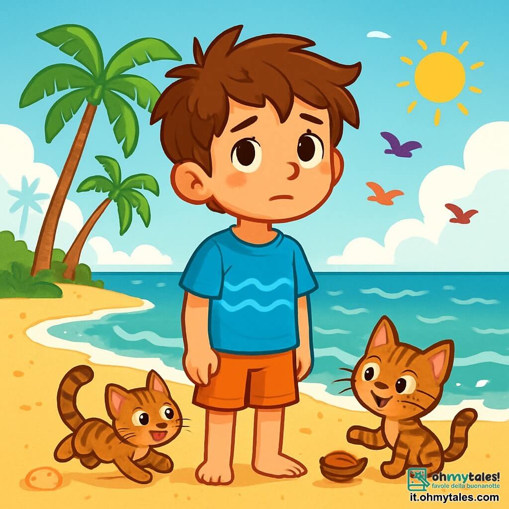 Un ragazzo di 10 anni, Tommaso, con capelli castani disordinati e occhi pieni di curiosità, si trova su una spiaggia di sabbia dorata, con un leggero sorriso sul volto ma una luce di tristezza negli occhi. Indossa una maglietta blu con motivi di onde e un pantaloncino di cotone leggero. Accanto a lui, il suo gattino Biscotto, un piccolo gatto tigrato dagli occhi verdi, gioca con un guscio di noce, saltellando allegramente intorno. Sullo sfondo, il mare scintilla sotto il sole, con onde dolci che si infrangono sulla riva. Palme slanciate ondeggiano dolcemente nel vento e uccelli colorati volano nel cielo azzurro. Tommaso guarda l'orizzonte, sperando di trovare un'avventura per il suo compleanno, mentre Biscotto si diverte a inseguire ombre sulla sabbia.