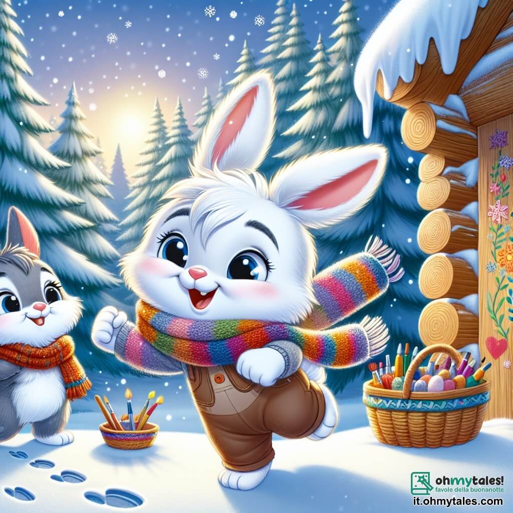 Un giovane coniglio bianco, Lino, con grandi occhi brillanti e lunghe orecchie, sta danzando gioiosamente nella neve, un sorriso radioso sul volto. Indossa una piccola sciarpa di lana colorata che svolazza dietro di lui. Vicino a lui, la mamma, una dolce coniglietta dai peli setosi e dagli occhi affettuosi, lo osserva sorridendo, tenendo un cesto pieno di materiali colorati per il loro progetto artistico. Il papà, un robusto coniglio grigio, sta accanto a lei con le braccia incrociate, mostrando un'espressione fiera e incoraggiante mentre guarda il figlio con ammirazione. La scena si svolge in una foresta incantata, dove gli alberi sono coperti da uno spesso strato di neve scintillante e fiocchi scendono dolcemente dal cielo blu chiaro. Piccole impronte di zampe nella neve portano a un grande muro di legno, pronto per essere decorato. Lino, pieno di entusiasmo, si prepara a creare un magnifico murale invernale con la sua famiglia, celebrando la bellezza della stagione e lo spirito di amicizia.
