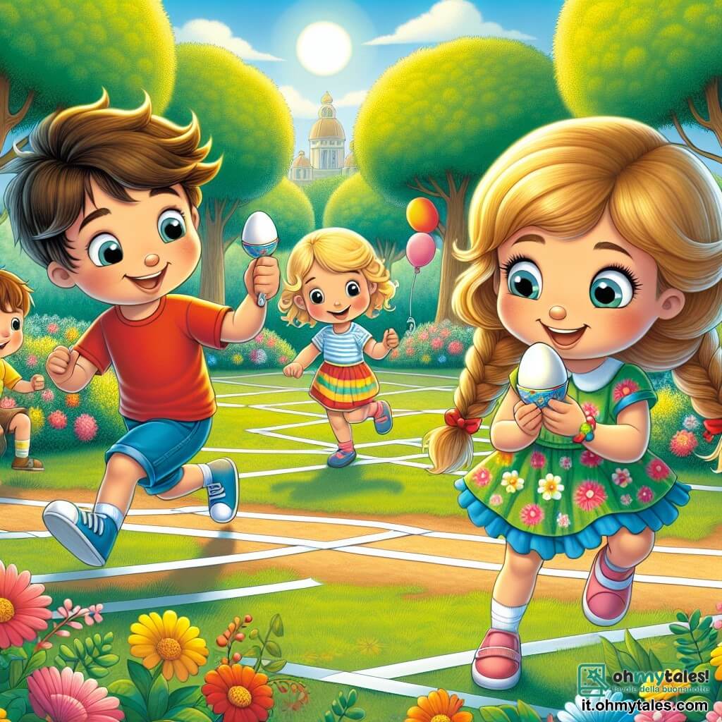 Ci sono quattro personaggi principali: 1. **Marco** (ragazzo, 10 anni): Un ragazzo con capelli castani disordinati, indossa una maglietta rossa e pantaloni corti blu. È in piedi, con un grande sorriso, tenendo un uovo su un cucchiaio, pronto a correre. 2. **Sara** (ragazza, 9 anni): Una bambina con capelli biondi intrecciati, vestita con un abito colorato a fiori. Sta gonfiando un palloncino, con gli occhi scintillanti di eccitazione, mentre un palloncino già scappato vola sopra di lei. 3. **Luca** (ragazzo, 10 anni): Un ragazzo con capelli castani, indossa una maglietta verde e jeans. Sta camminando su una linea di nastro adesivo, concentrato, ma con un sorriso malizioso, pronto a inciampare. 4. **Alessandro** (ragazzo, 11 anni): Un ragazzo con capelli neri, seduto su una sedia a rotelle blu, ride a crepapelle mentre guarda i suoi amici. Indossa un felpa gialla e tiene un sacco di iuta pronto a saltare. La scena si svolge in un parco soleggiato, pieno di verde, con alberi maestosi e fiori colorati che danzano nel vento. Al centro, un ampio spazio scoperto è segnato da linee di nastro adesivo, e palloncini fluttuano nel cielo blu. I quattro amici sono in una competizione ludica: Marco parte con il suo uovo, Sara cerca di riprendere il suo palloncino che vola via, Luca cerca di mantenere l'equilibrio sulla linea, e Alessandro ride di cuore, incoraggiando i suoi amici in questa gioiosa atmosfera di amicizia e risate.