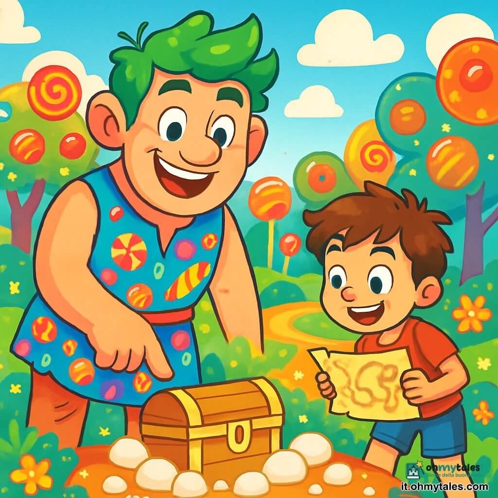 Un gigante allegro con capelli verdi brillanti e un grande sorriso luminoso si trova al centro dell'immagine. Indossa una tunica di tessuto colorato, decorata con motivi di caramelle, e i suoi occhi brillano di curiosità e amicizia. Accanto a lui, un ragazzo di otto anni, con capelli castani disordinati e occhi scintillanti di eccitazione, guarda il gigante con ammirazione. Indossa una maglietta rossa e pantaloni corti di denim, tenendo una mappa del tesoro tra le mani. Lo sfondo è una foresta incantata, con alberi fatti di caramelle multicolori e un terreno coperto di fiori scintillanti. Fiumi di caramello si snodano tra gli alberi, e un cielo blu vivace è punteggiato di nuvole a forma di marshmallow. La scena principale mostra il gigante e il ragazzo mentre cercano un tesoro nascosto, con espressioni di gioia e meraviglia sui loro volti. Il gigante indica una grande scatola dorata parzialmente sepolta sotto dei marshmallow, mentre il ragazzo si avvicina con uno sguardo pieno di entusiasmo.