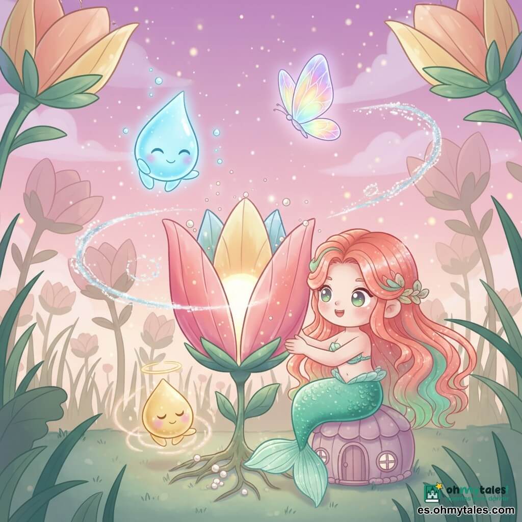 Coralina, una sirena niña sonriente de piel nacarada, cabello coral con reflejos verdes y cola esmeralda escamada, sentada en una concha-casa, pone perlas de rocío en la raíz de una gran flor luminosa; a su alrededor un espíritu de rocío en forma de gota azul translúcida deja caer perlas, un espíritu semilla dorado con ojos cerrados emite ondas de luz contando un cuento, una mariposa de cristal pinta motivos en los pétalos y un espíritu viento plateado hace bailar las hojas; todo en una extensa llanura de flores gigantes de pétalos como tela, hierbas altas, tallos gruesos, cielo rosa-violeta degradado, luciérnagas y una flor central de corazón luminoso, escena cálida y mágica en composición circular, luces suaves, colores pastel saturados y detalles chibi.