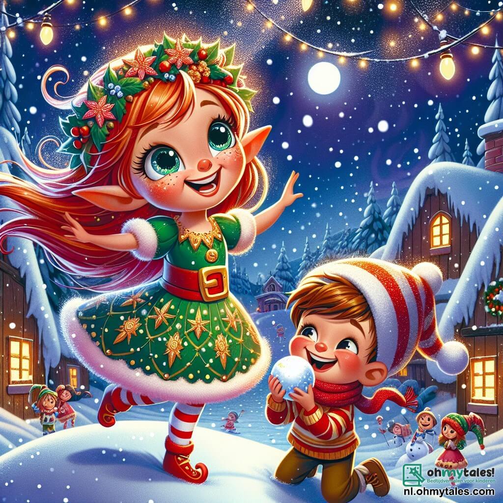 Lila, een vrolijke elf met sprankelende ogen en een stralende glimlach, draagt een groene jurk versierd met kleine gouden sterren. Ze danst enthousiast in het besneeuwde dorp, terwijl haar rode haar om haar heen waait als vlammen van vreugde. Naast haar staat Tim, een jongen met bruin haar en roze wangen, die lacht terwijl hij een grote sneeuwbal vasthoudt, klaar om deze te gooien. Hij draagt een rode muts en een gestreepte sjaal, en zijn blik is vol plezier. Op de achtergrond wordt het dorp verlicht door kleurrijke lichtjes, met houten huizen versierd met glinsterende sneeuwvlokken. Kinderen spelen rond een grote kerstboom, versierd met glanzende ballen en fonkelende lichtjes, terwijl sneeuwvlokken zachtjes uit de sterry hemel vallen. De scène toont Lila en Tim die glimlachen en lachen, omringd door de kerstgeest, terwijl ze zich voorbereiden om samen een sneeuwman te maken, vol vreugde en vriendschap.