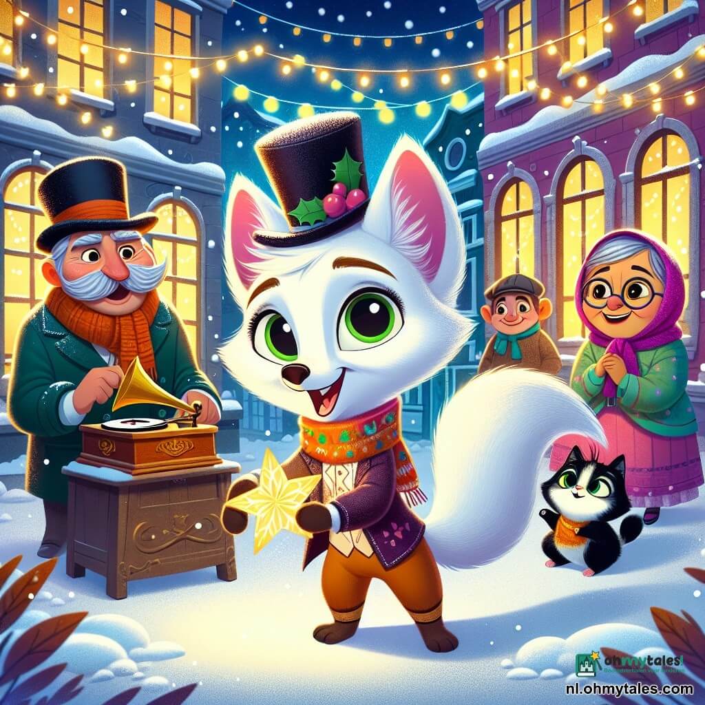 Lumi, een kleine vos met stralend witte vacht en een schitterende staart, staat in het midden van een besneeuwde straat, met opgewonden ogen en een blije glimlach. Hij houdt een papieren ster vast in zijn pootjes en kijkt verwonderd om zich heen. Rechts van hem speelt Casimir, een slanke man met een grote snor en een hoge hoed, op een oude houten platenspeler, met sprankelende ogen van blijdschap. Links staat een oude dame met een lief gezicht, gekleed in een kleurrijke sjaal, die glimlacht terwijl ze een zwarte kat met groene ogen, Pluis, vasthoudt, die tevreden spint. De locatie is een charmante geplaveide straat, omringd door huizen met kleurrijke gevels, versierd met fonkelende lichtslingers en zacht vallende sneeuwvlokken. Gouden straatlantaarns verlichten de scène en creëren een warme, feestelijke sfeer. De hoofdscène toont Lumi, vol energie, klaar om een nieuw kerstlied te zingen met zijn vrienden, terwijl de magie van kerstavond hen omringt, gevuld met vreugde en saamhorigheid.