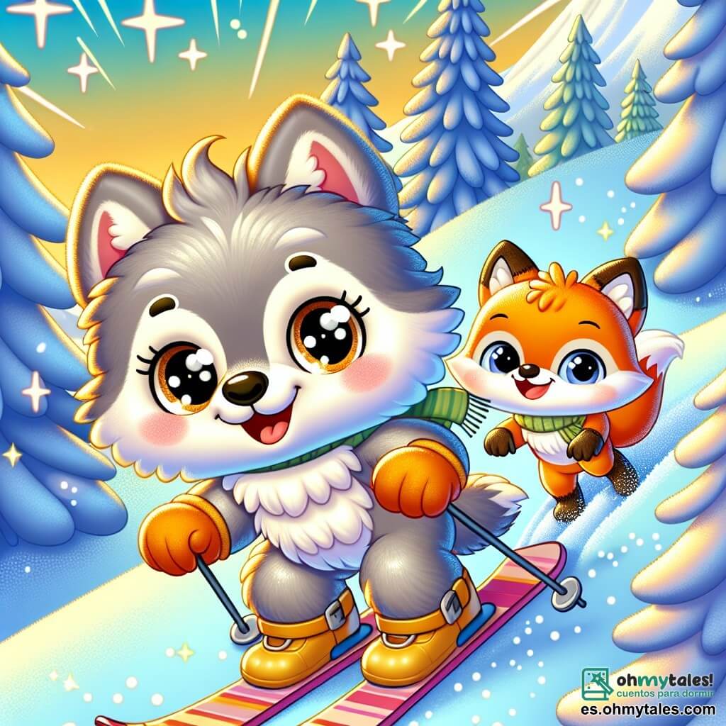 Un pequeño lobo de ojos brillantes y pelaje gris suave, sonriendo con entusiasmo, está bajando una pendiente nevada sobre sus esquís. A su lado, una pequeña zorra de pelaje naranja brillante, con una cola esponjosa y ojos traviesos, lo anima con una gran sonrisa, lista para seguirlo. Se encuentran en una majestuosa montaña, bañada de luz dorada, con abetos nevados alrededor y un cielo azul brillante. La escena muestra al lobo y a la zorra en plena acción, deslizándose alegremente sobre la nieve, rodeados de copos brillantes que caen suavemente.
