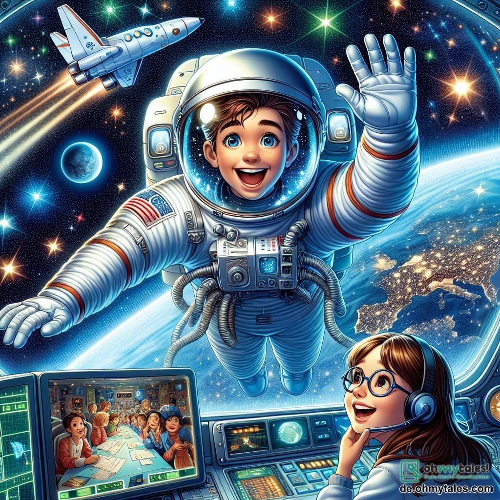 Ein Astronaut namens Max schwebt im Weltraum, trägt einen großen, glänzenden silbernen Raumanzug und hat ein breites Lächeln im Gesicht, seine Augen funkeln vor Aufregung. Er ist von wunderschönen, funkelnden Sternen umgeben und hat einen spektakulären Blick auf die Erde darunter, einen großen blauen und grünen Globus. In der Nähe schaut ein etwa 8-jähriges Mädchen namens Lisa durch einen Kontrollbildschirm im Missionsraum zu Max. Sie hat lange braune Haare und trägt runde Brillen, ihre Augen leuchten vor Staunen, während sie ihn begeistert anfeuert. Der Ort dieser Szene ist die Leere des Weltraums, gefüllt mit leuchtenden Sternbildern und einer Panoramaansicht der Erde, mit fernen Planeten im Hintergrund, die eine magische und inspirierende Atmosphäre schaffen. Die Hauptsituation zeigt Max, der fröhlich schwebt und Lisa mit der Hand zuwinkt, während sie ihm von der Erde aus zuwinkt, was ihre Verbindung und ihren gemeinsamen Traum, das Universum zusammen zu erkunden, illustriert.