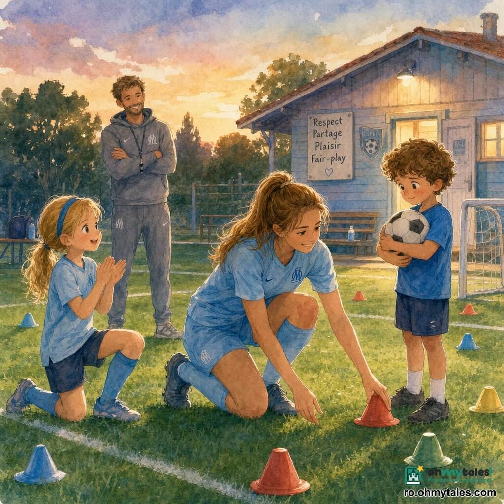 Tânără jucătoare profesionistă de fotbal, zâmbitoare, păr castaniu prins în coadă, echipament bleu și ghete, se apleacă pentru a pune o con roșu pe iarbă; privire caldă și binevoitoare; băiat de circa 9 ani, păr brunet zburlit, privire uimită și timidă, stă în picioare în dreapta ei în șort ținând o minge mică la piept; fată de circa 8 ani, păr blond cu o bentiță albastră, ochi sclipitori, aplaudă ușor stând cu un genunchi pe iarbă ca și cum ar fi marcat un gol; antrenor adult (bărbat) în trening gri cu fluier, în spate lângă vestiarul din lemn pastel, zâmbește cu brațele încrucișate; teren de cartier la amurg, gazon verde presărat cu conuri colorate, linii albe difuze, un mini-poartă de plastic, lumini calde care se aprind; scenă calmă și pedagogică în care jucătoarea potrivește conul roșu ca gest de ordine și grijă, copiii o privesc admirați, transmit respect, împărțire și fair-play, paletă acuarelă, texturi difuze, tușe ușoare și culori luminoase.
