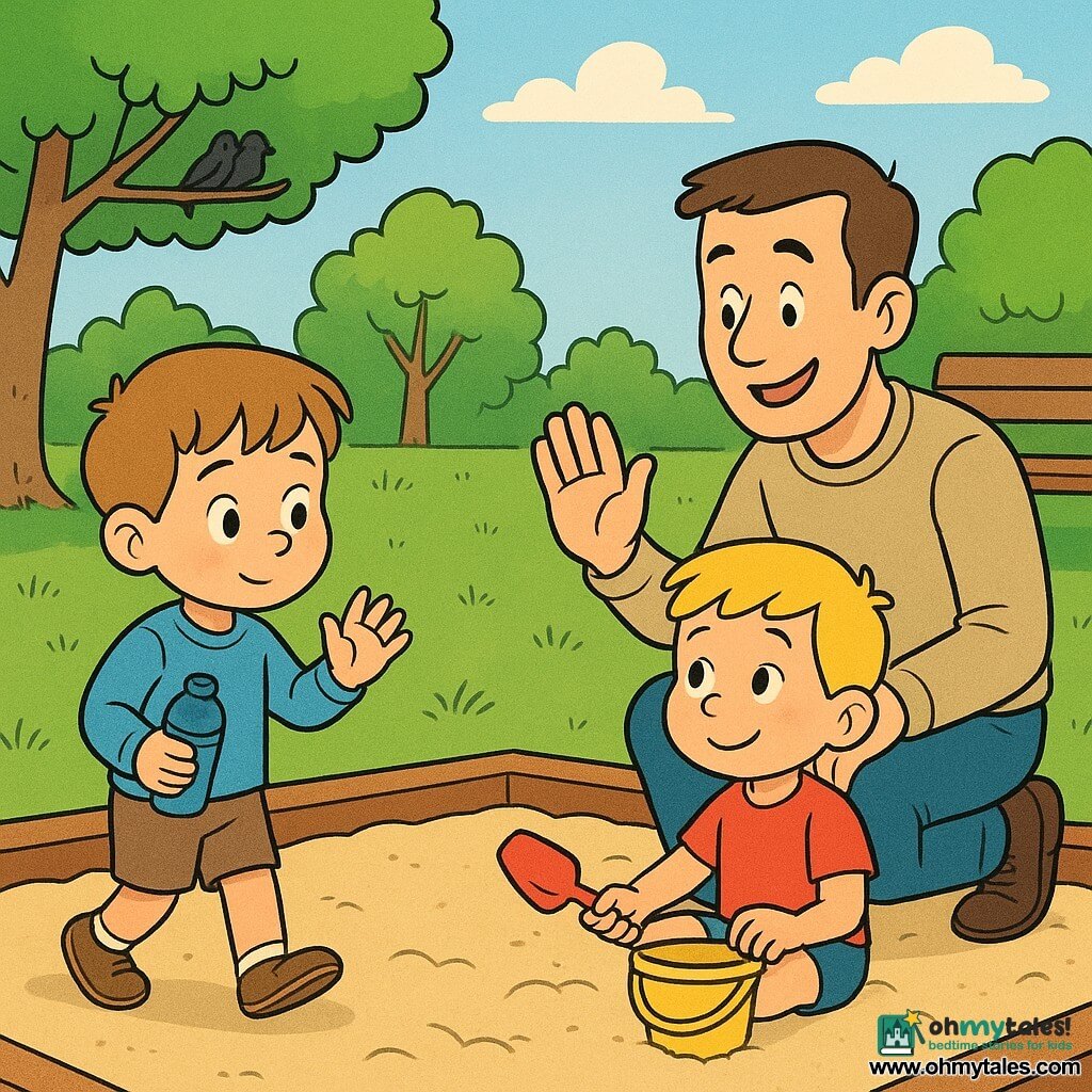 A shy but curious 4-year-old boy with a soft gaze and bright eyes holding a small blue water bottle cautiously steps toward a confident smiling 4-year-old sitting in the sandbox with a yellow bucket and red shovel; an encouraging father kneels nearby waving beside a wooden bench; sunny small park with green grass, leafy trees, birds on a branch and a blue sky with a few white clouds; warm friendly atmosphere, bright colors, clean lines and simple shapes.