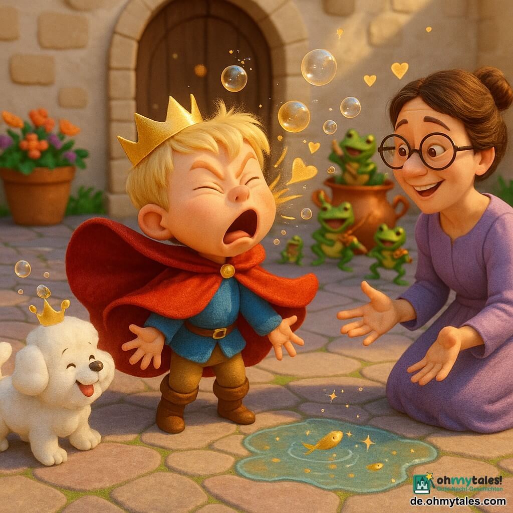 Prinz Piko (Junge) fröhlich und leicht überrascht, rundes Gesicht, sichtbare Ohren, kurze blonde Haare, trägt eine große, glänzend rote, samtige Umhang, dreht sich und niest, goldene Seifenblasen sprühen um ihn herum; Lehrerin Flirr (Frau, ~40) in fliederfarbener Kleid, absichtlich schief sitzende Brille, kniet neben dem Prinzen, offene Hände, lachendes wohlwollendes Gesicht; der Wolkenhund, rund und fluffig wie ein Marshmallow, steht links vom Prinzen mit kleinem Blasenkronchen auf dem Kopf und wedelt mit dem Schwanz; ein kleines Orchester bunter Frösche kommt aus einer großen Kupferkanne im Hintergrund, spielt winzige Instrumente und hüpft auf Platten; Schauplatz: Burghof mit unregelmäßigen grauen Pflastersteinen, bunten Blumentöpfen, einer kleinen schimmernden Pfütze mit glitzernden Fischen, beigen Steinmauern und einer großen geschnitzten Holztür; Hauptszene zeigt den fächernden Umhang, goldene und silberne Seifenblasen, die in kleine Herzen platzen, übertriebene komische Mienen, leuchtende Farben, weiches Licht, runde Schatten, verzauberte fröhliche Atmosphäre.