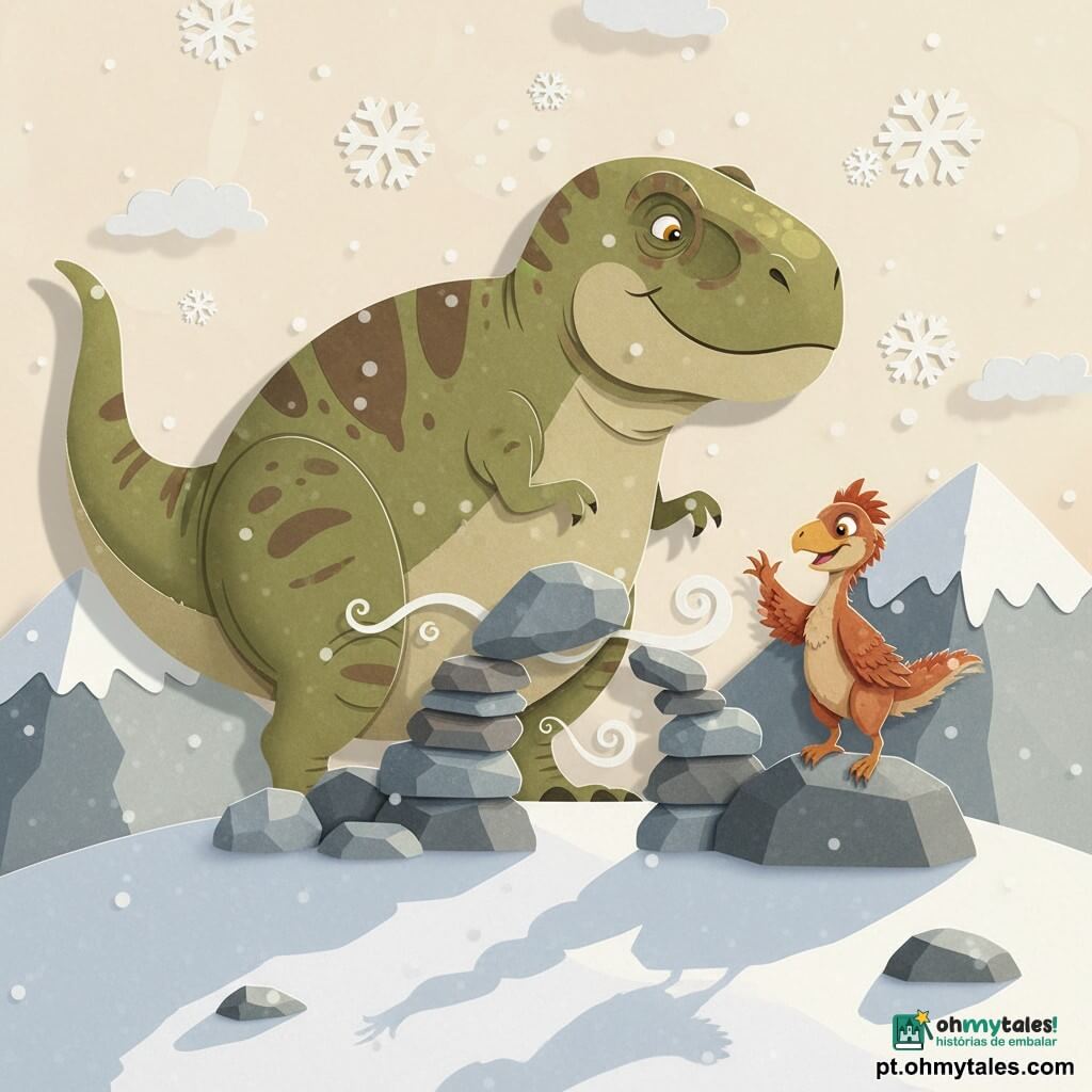 Um Tyrannosauro Rex grande e arredondado, pele verde-oliva com manchas marrons, olhos suaves e expressão calma, empurrando pedras com uma pata; ao seu lado, Lume, um pequeno dinossauro emplumado rufous-laranja de penas macias e olhar vivo, sorri e puxa pedras guiando com a pata levantada; cena numa montanha nevada — clareira branca, rochas cinza arredondadas e uma barreira de pedras parcialmente aberta, flocos grandes caindo; atmosfera pacífica e acolhedora com vento em volutas translúcidas, luz suave da manhã e sombras longas, estilo recorte de papel com bordas nítidas e camadas; ação central: Rex e Lume removem a barreira para deixar o vento passar, gesto colaborativo e vínculo protetor.