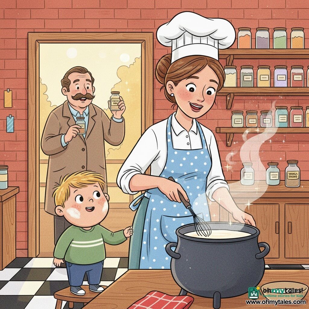 A warm smiling female chef with brown hair in a bun, blue polka-dot apron and slightly askew white toque holds a small silver whisk above a steaming vat of milk while a round-faced 6-year-old boy, Timmy, with flour-dusted cheeks and messy blond hair stands on a stool to her left holding her hand and gazing in wonder; Mr. Pepper, a middle-aged jovial man with a thick mustache and vendor’s coat, stands in the open shop doorway holding a spice jar labeled Vanilla Dreams; the cozy colorful kitchen has red brick walls, wooden shelves of spice jars, golden light from a large window, checkerboard tiles and a wooden table with a red-striped cloth; they are making vanilla yogurt together with light steam and visible perfume sparks in a soft, friendly, magical pastel comic style.