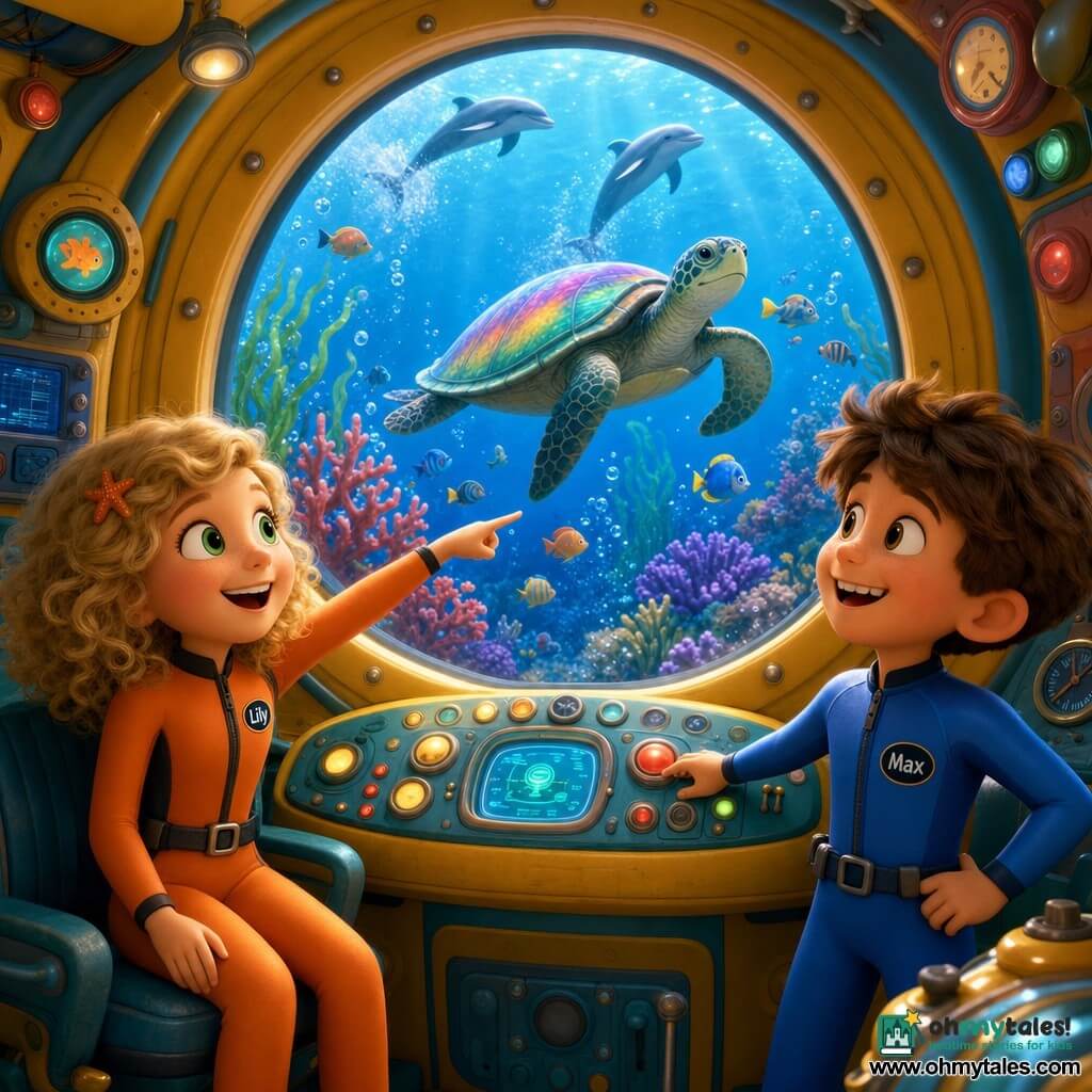 Two main characters: Lily, 5, curly blonde hair, bright green eyes and an amazed smile, wearing a small orange diving suit and sitting left by a porthole pointing outside; Max, 5, short chestnut hair, prominent front teeth when he smiles and a curious look, wearing a blue diving suit and standing right with a hand on the control panel watching the fish. Inside a small magical submarine in bright yellow and turquoise with rounded walls and softly lit round-buttoned panels, a large circular porthole shows a colorful coral garden—red and purple corals, swaying green seaweed, multicolored fish and a large sea turtle with an iridescent rainbow shell swimming before the window; silver dolphins leap outside and the turtle guides them, with sparkling blue light, rising bubbles and a joyful adventurous atmosphere.
