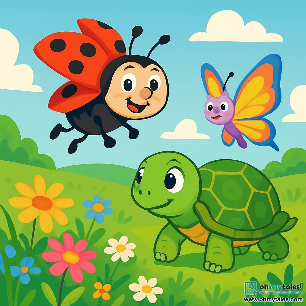 A ladybug named Lilly, with a bright red back dotted with seven shiny black spots, joyfully flies above a field of vibrant flowers. Her sparkling eyes and radiant smile show her excitement and determination. Beside her, Max, a wise turtle with a green shell adorned with golden patterns, moves slowly, carefully observing the surroundings. Bella, a delicate butterfly with multicolored wings, flutters around them, her wings shimmering in the sunlight. The background is a vast green field dotted with brightly colored wildflowers under a clear blue sky with fluffy white clouds. The scene depicts Lilly and her friends on a quest for the precious Jewel of the Prairie, with a palpable sense of adventure and camaraderie in the air.