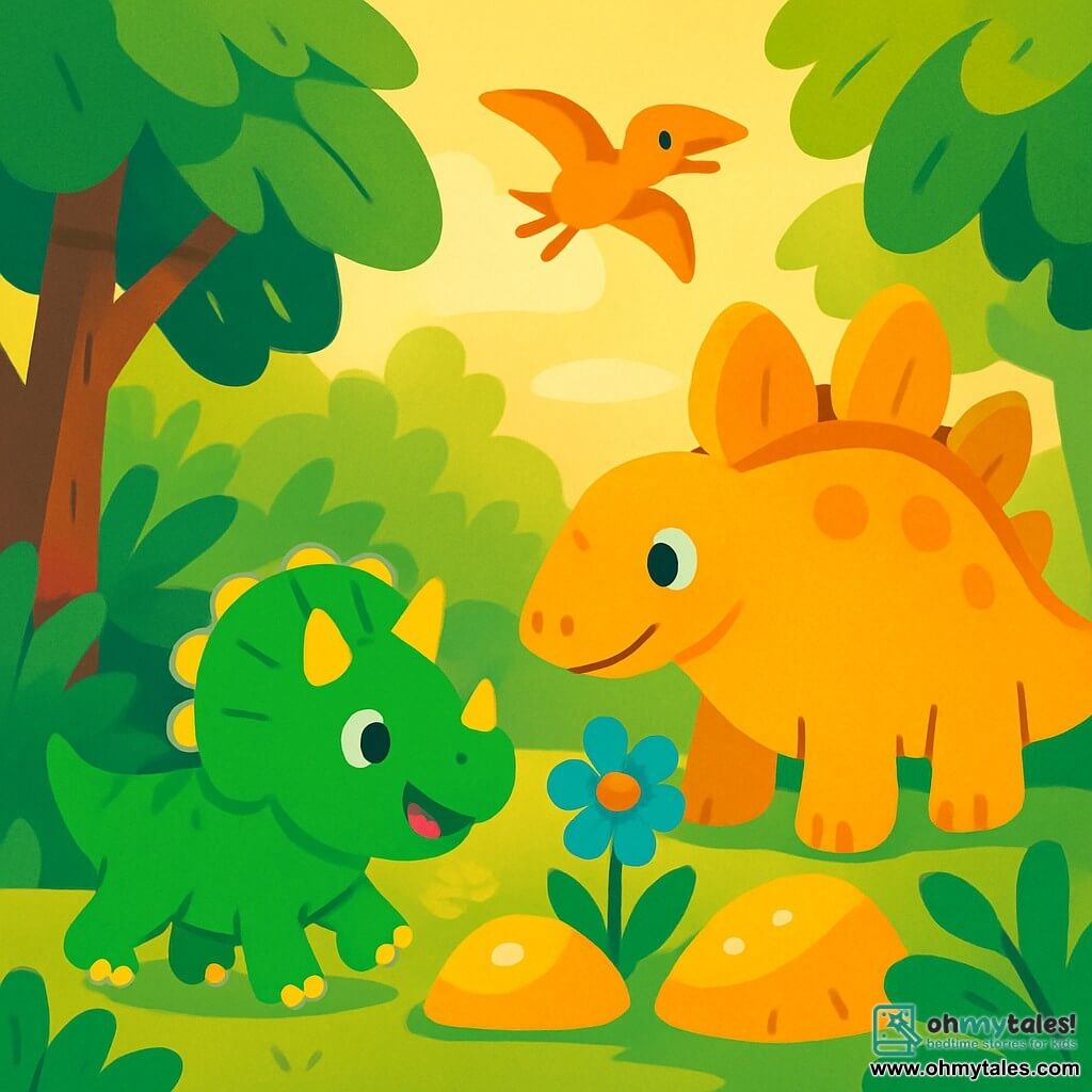 A small triceratops named Trico, with bright green skin and yellow horns, smiles happily while walking in the jungle. Next to him, a large stegosaurus named Steggy, with golden plates on his back and a friendly expression, admires a large blue flower. The jungle is lush, filled with tall trees and soft light filtering through the branches. Trico and Steggy discover a shiny rock together, their eyes sparkling with excitement, while a small dino bird joyfully flies above them, adding a touch of magic to their adventure.