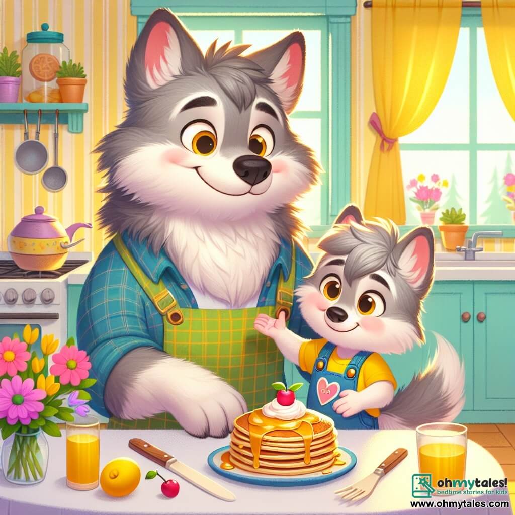 Wally, a small wolf with fluffy gray fur and bright eyes, stands in a sunny kitchen with a big smile on his face, holding a plate of golden pancakes. He wears a colorful little apron and looks very proud of his surprise for his father. Next to him, Mr. Wolf, an adult wolf with darker fur and gentle eyes, gazes in wonder at the pancakes, his face beaming with happiness and love. He sits at the table, ready to enjoy the breakfast prepared by his son. The kitchen is warm and inviting, with pastel yellow walls, sunlight streaming through the windows, and colorful kitchen utensils hanging on the walls. A bouquet of fresh flowers sits on the table, adding a cheerful touch to the scene. The main focus shows Wally proudly revealing his Father's Day surprise, with tasty pancakes and a handmade card, creating a moment of joy and bonding between father and son.